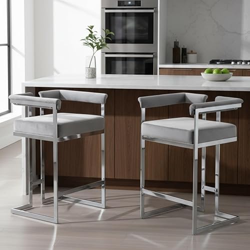 Miniatura 6 de DUOMAY Juego de 2 taburetes de bar modernos, taburete de 26 pulgadas de altura de mostrador con acabado cromado, silla de isla de cocina tapizada de
