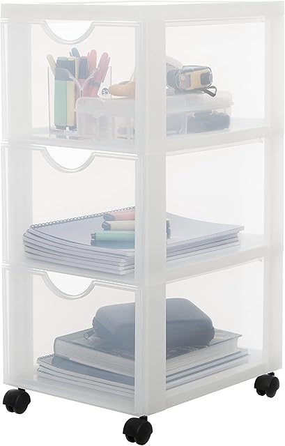 Iris Ohyama, Storage tower, Plastic organizer, 3 drawers, 15 L, Ergonomic handles, Solid and Multi-use, Living room, Bedroom, Office - DDDC-303 - Frosted white