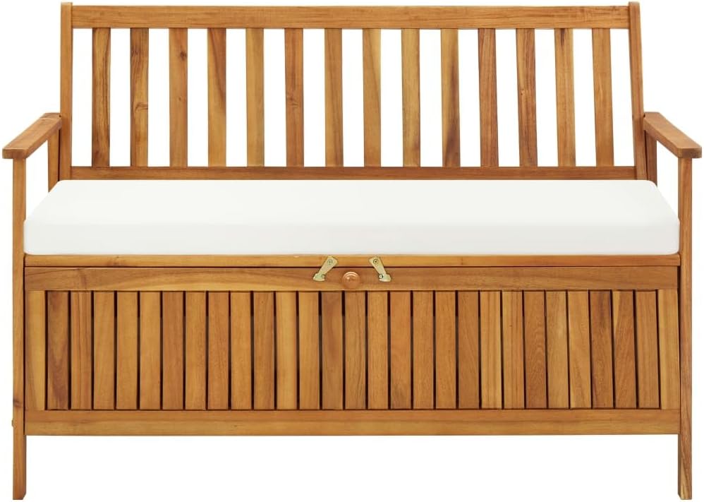Wooden Outdoor Storage Bench with Cream White Cushion, Patio Wood Deck Box Bench with Seat, Storage Seating Box for Outdoor Cushions, Pool Storage and Garden Tools 47.2"x24.8"x33.1"