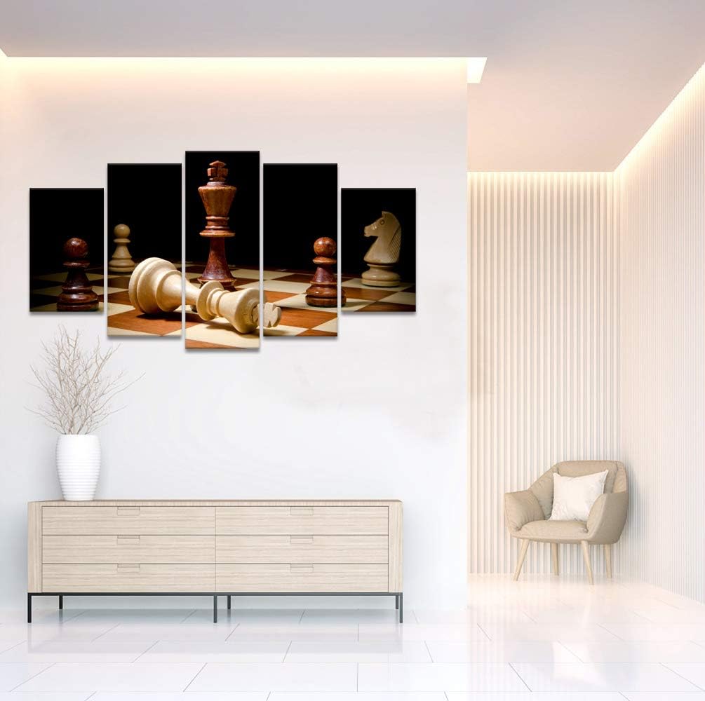 WELMECO Large 5 Pieces Wall Decor Closeup of Checkmate One Wooden Chess King Dominating Another Picture Rustic Canvas Prints for Home Decoration Ready to Hang L-60 x H-32 (01 Retro Color)