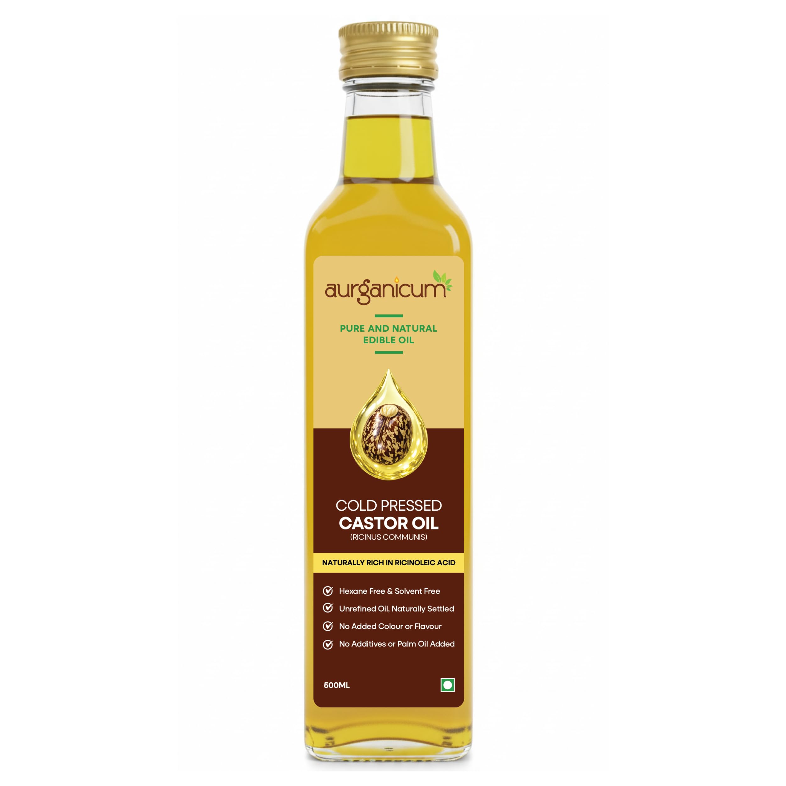 Cold Pressed Castor Oil-500ml (Edible Grade, Hexane Free) for Hair, Skin & Face | Pure Natural Castor Oil for Hair Growth, Eyelashes, Eyebrows & Skin Care | Rich in Ricinoleic Acid – Aurganicum (Glass Bottle)