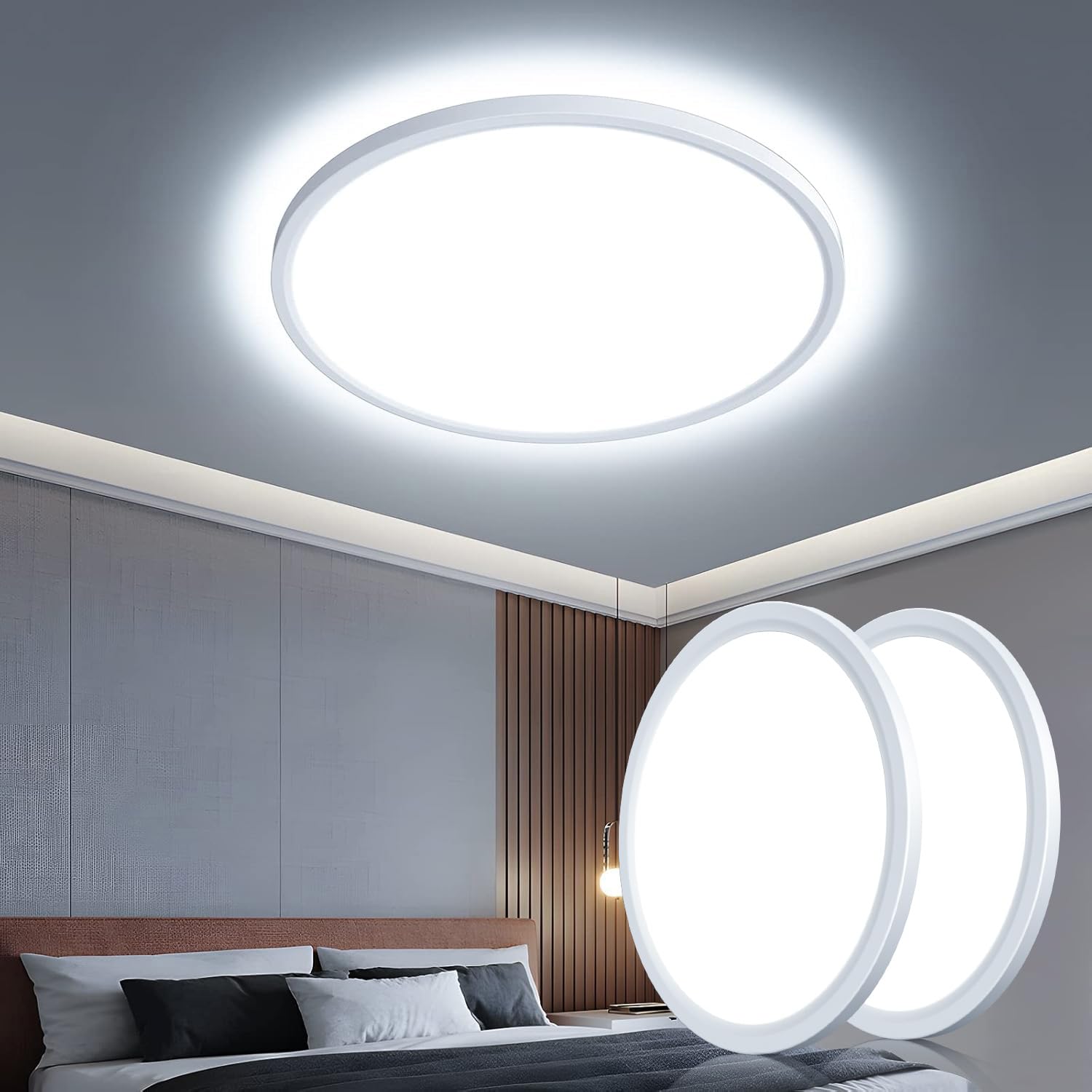 OTREN 2 x Round LED Ceiling Light 28 W, 6500 K, Modern Light, Indoor Lighting for Living Room Bedroom, Kitchen, Bathroom, IP44, Φ30 cm