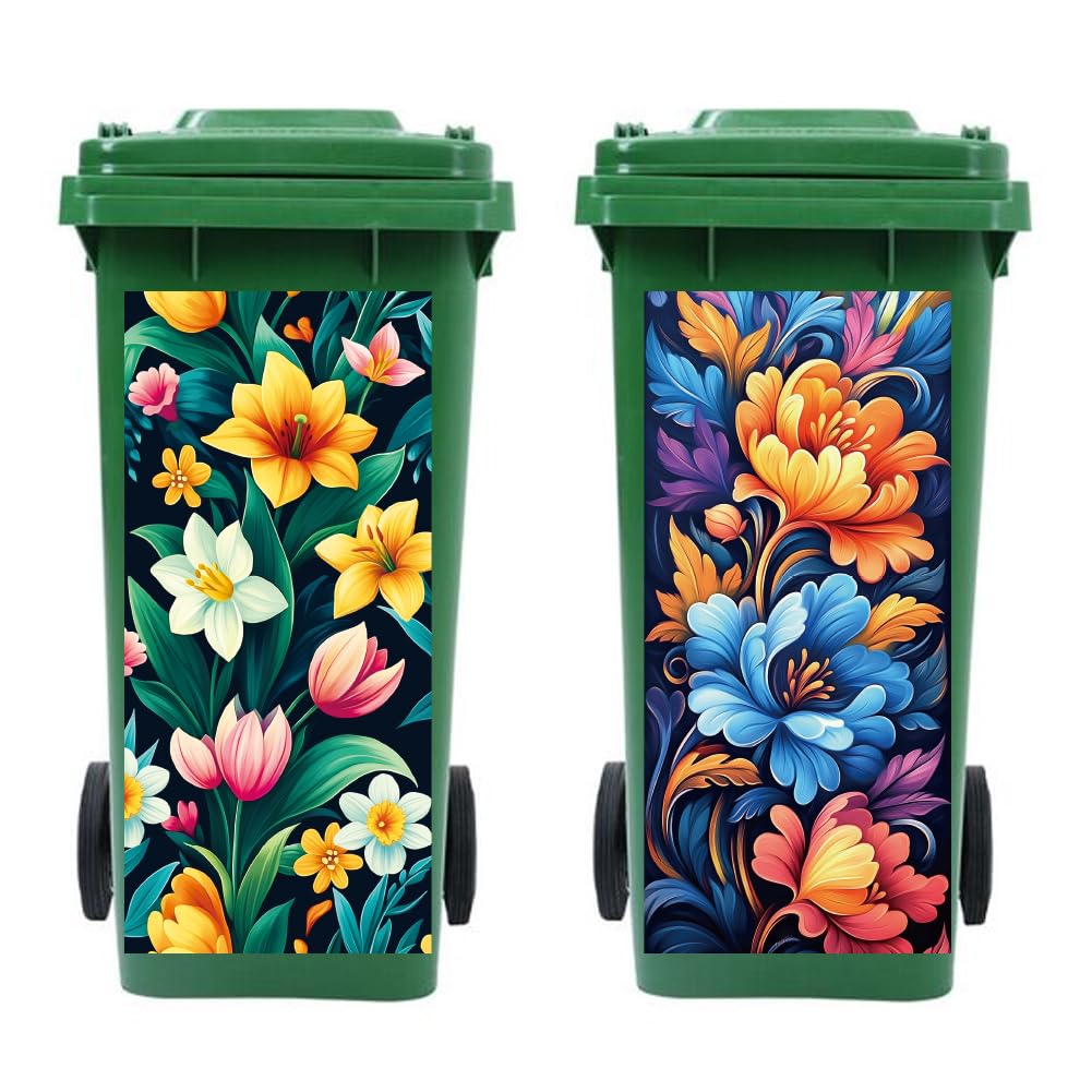 Peacoblue Wheelie Bin Stickers 2 Sheets Art Flower Illustration Sticky Dustbin Stickers Decals, 15in x 32in Waterproof Large Wraps for Bins, Fridge, Wall Outdoor Indoor Patio Decor, Home Decoration