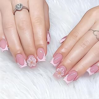 Falsenails, Press On Nails Kurz Square Mit 3D Blumen Design, Nägel Zum Aufkleben Als Fake Nails Für Damen