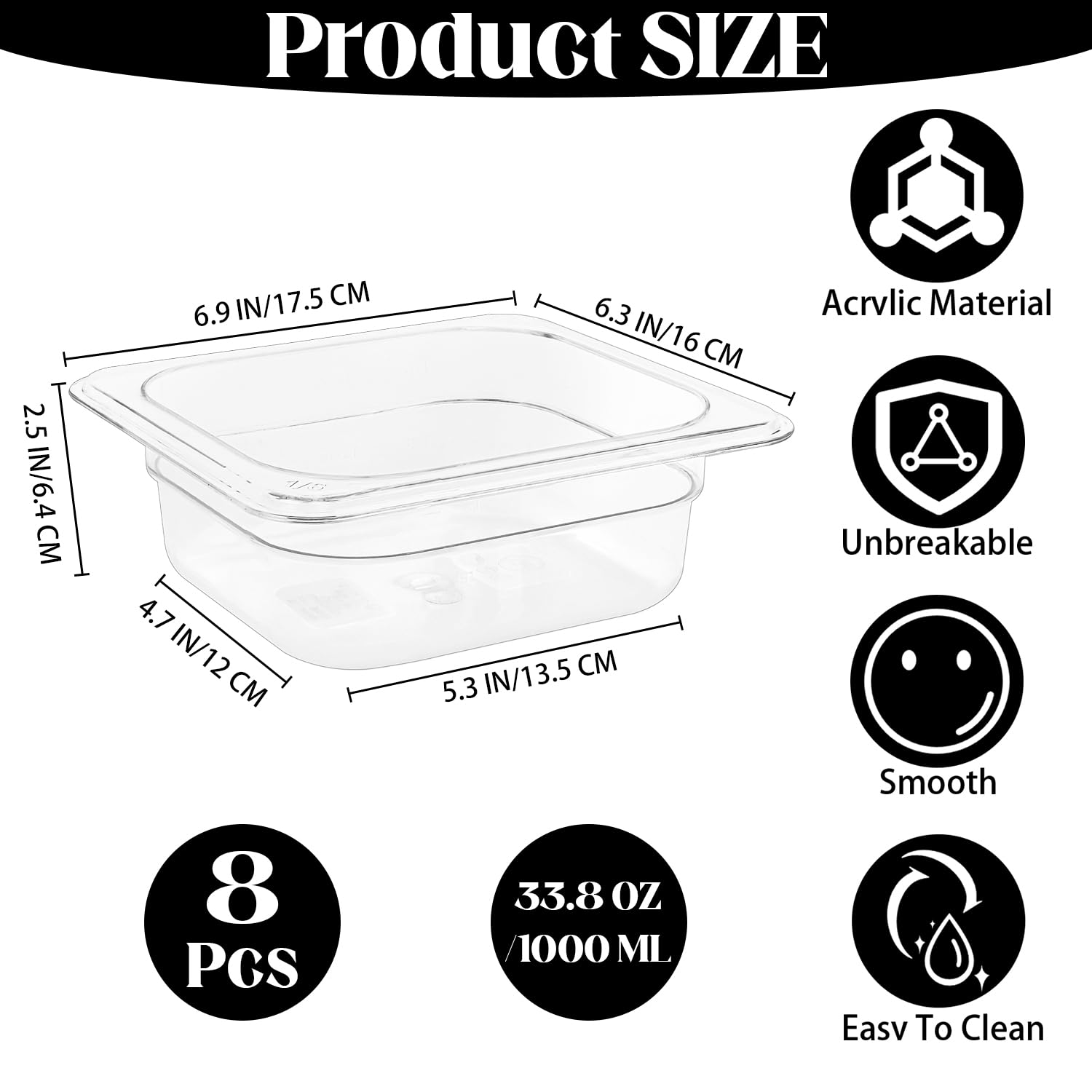 Sartén de plástico para alimentos con tapa, 8 piezas de plástico transparente de tamaño 1/6, recipientes de almacenamiento de alimentos de policarbonato transparente, sartenes frías profundas