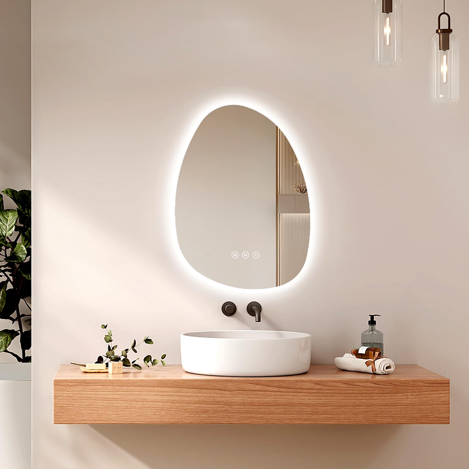 EMKE Specchio con illuminazione asimmetrica, specchio da bagno, anti-appannamento, interruttore touch, 3 colori di luce dimmerabili, specchio da bagno con illuminazione, 65 x 45 cm