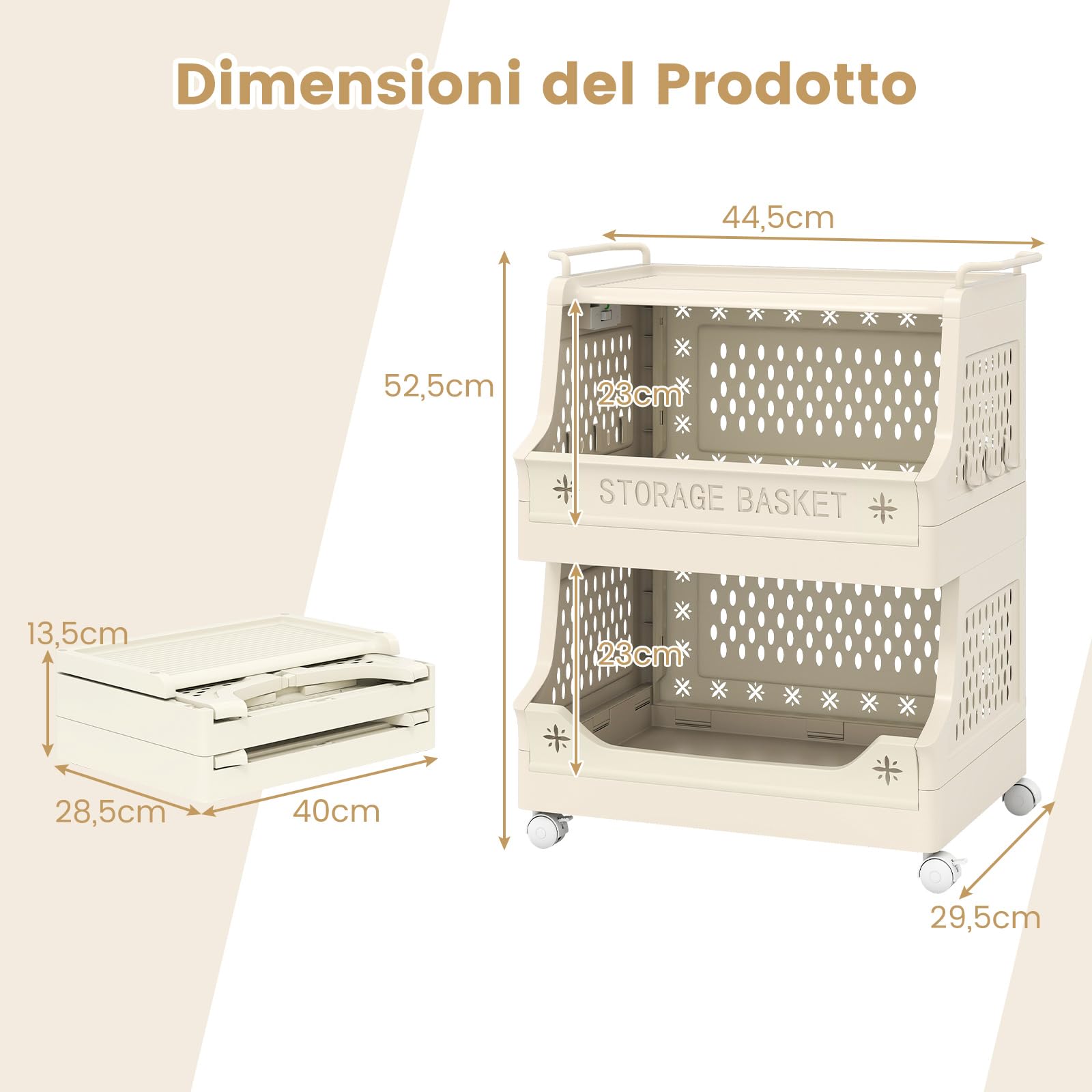 COSTWAY Carrello Portaoggetti Impilabile a 3 Piani con Ruote, Organizzatore in Plastica con Maniglie e Ganci, per Lavanderia, Bagno e Soggiorno (3 Livelli)