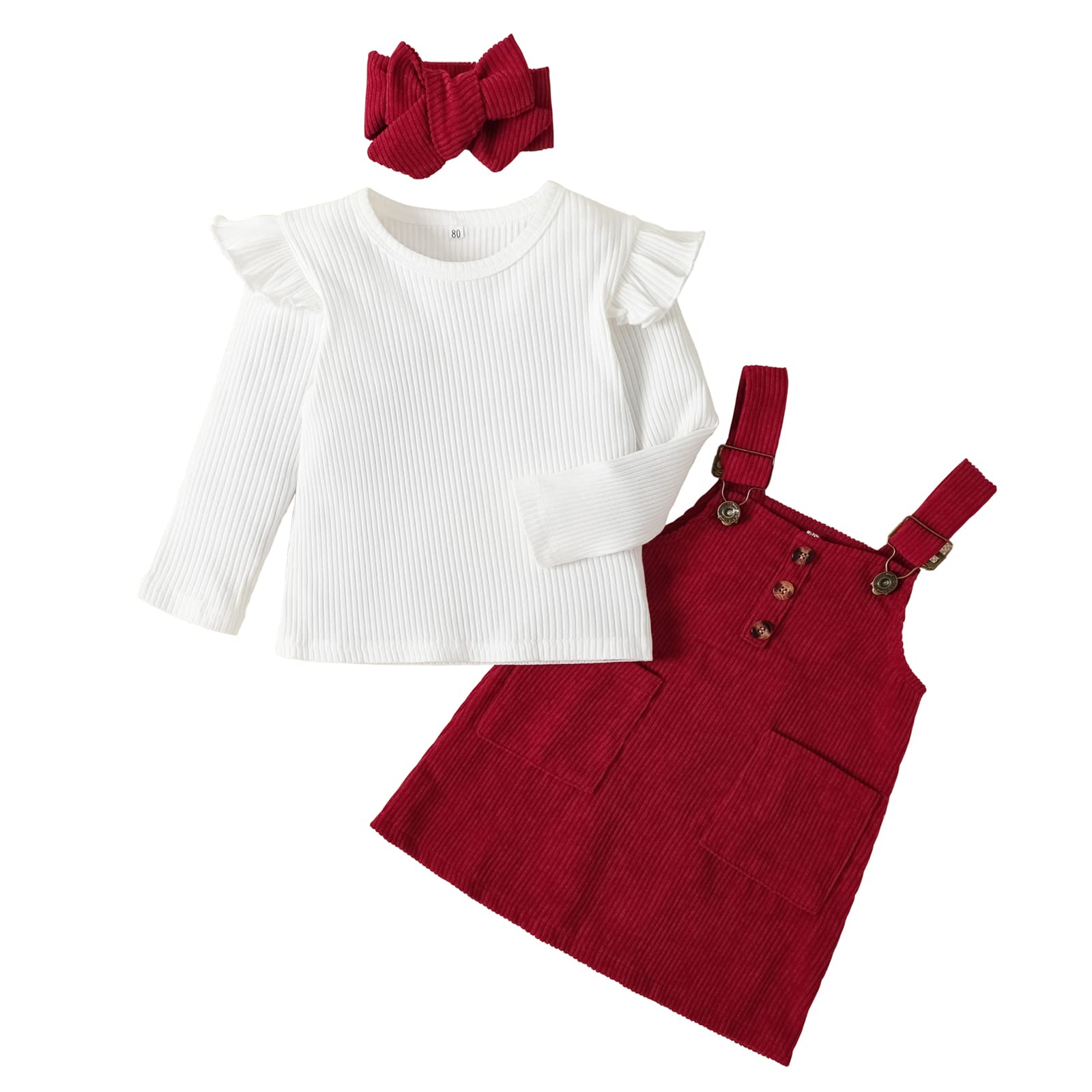 QiraoxyBaby Girl Clothes Set Ribbed Ruffle Long Sleeve T- Shirt Top+ Corduroy Strap Overall Dress Toddler Kids Girl Spring Fall 3Pcs Clothing Outfit