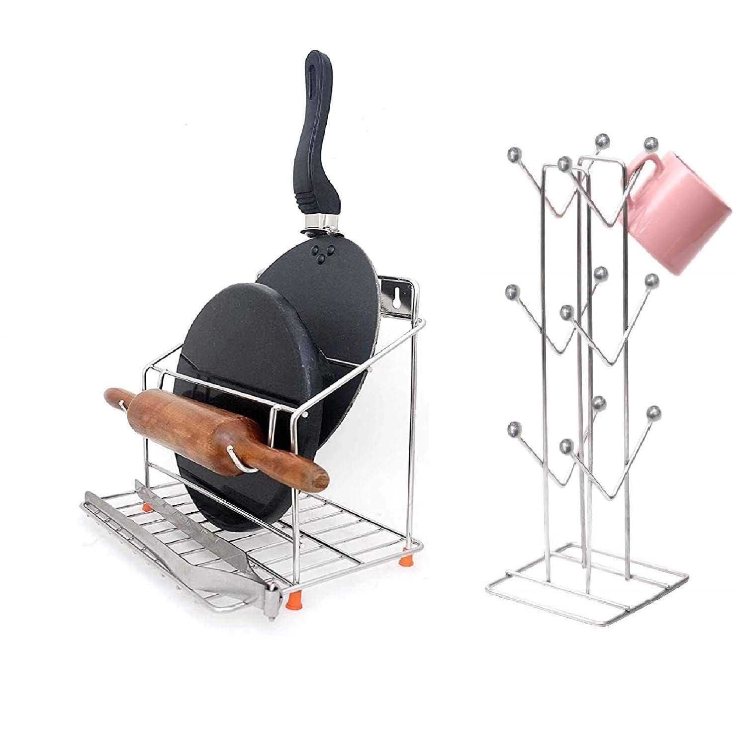 4 ABLE COLLECTION Mug Holder for Large Cup + Chakla Belan Tawa and Chimta Stand | Stainless Steel | Kitchen Utensils Organizer | Easy to Clean (Combo)
