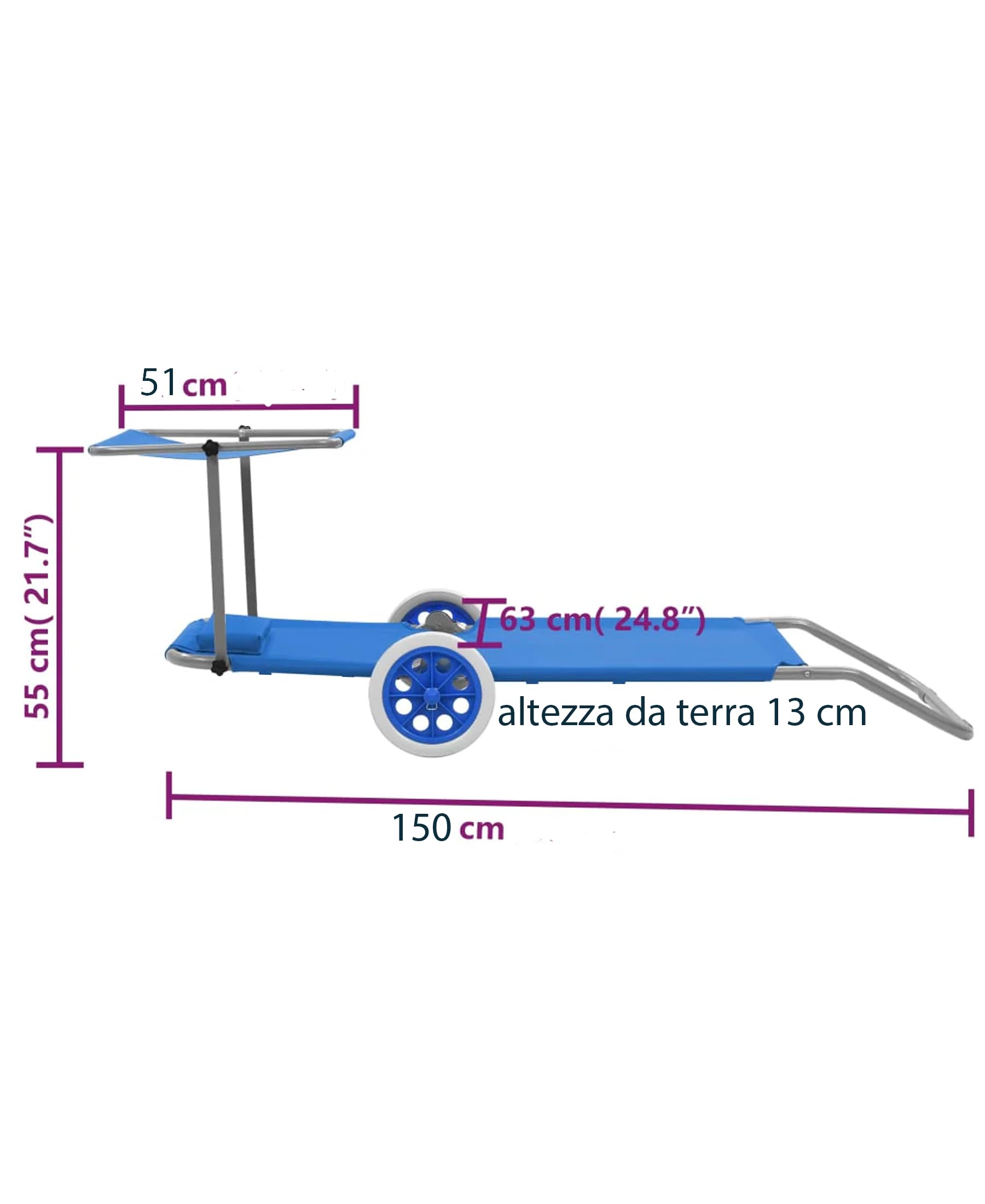 Sdraio spiaggina da mare e spiaggia con ruote, schienale regolabile 5 Posizioni, con cuscino poggiatesta e tettuccio parasole, sedia xarrello trolley per trasportare