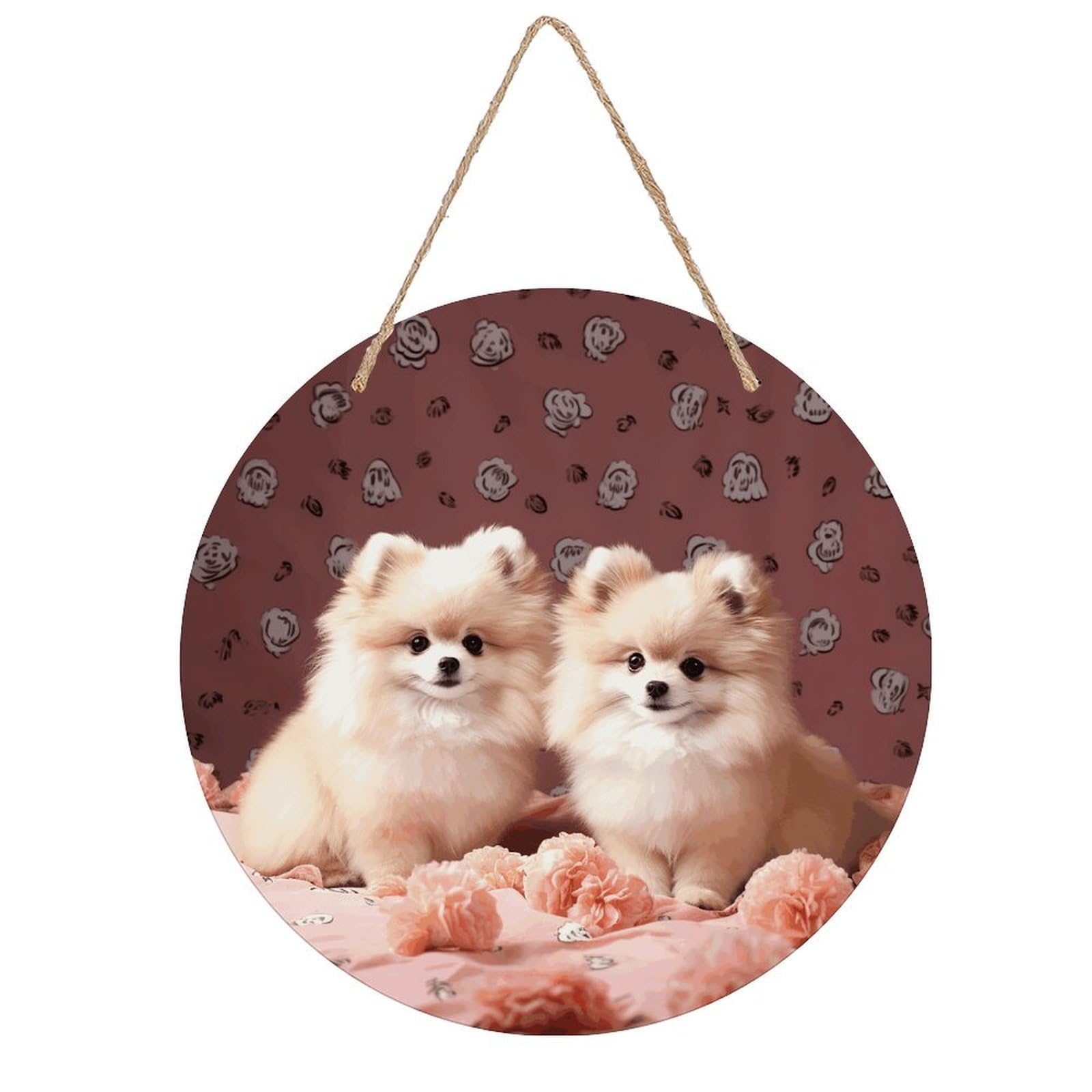 VstaDank Pomeranians Puppies And Point Wall Art Decor with Ropes Wooden Hanging Sign Hanging Wall Decor Artwork Round Wood Painting Modern Wall Prints Decor Picture for Office Bar Home Decors