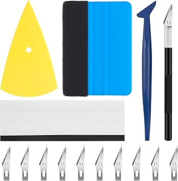 Vinyl Wrap Tool Kit for Car Window Tint Installation, 4" Felt Edge Squeegee, Corner Plastic Scraper, 9mm Retractable Utility Knife & Blades, Wraps Applicator Tools for Car Wrapping