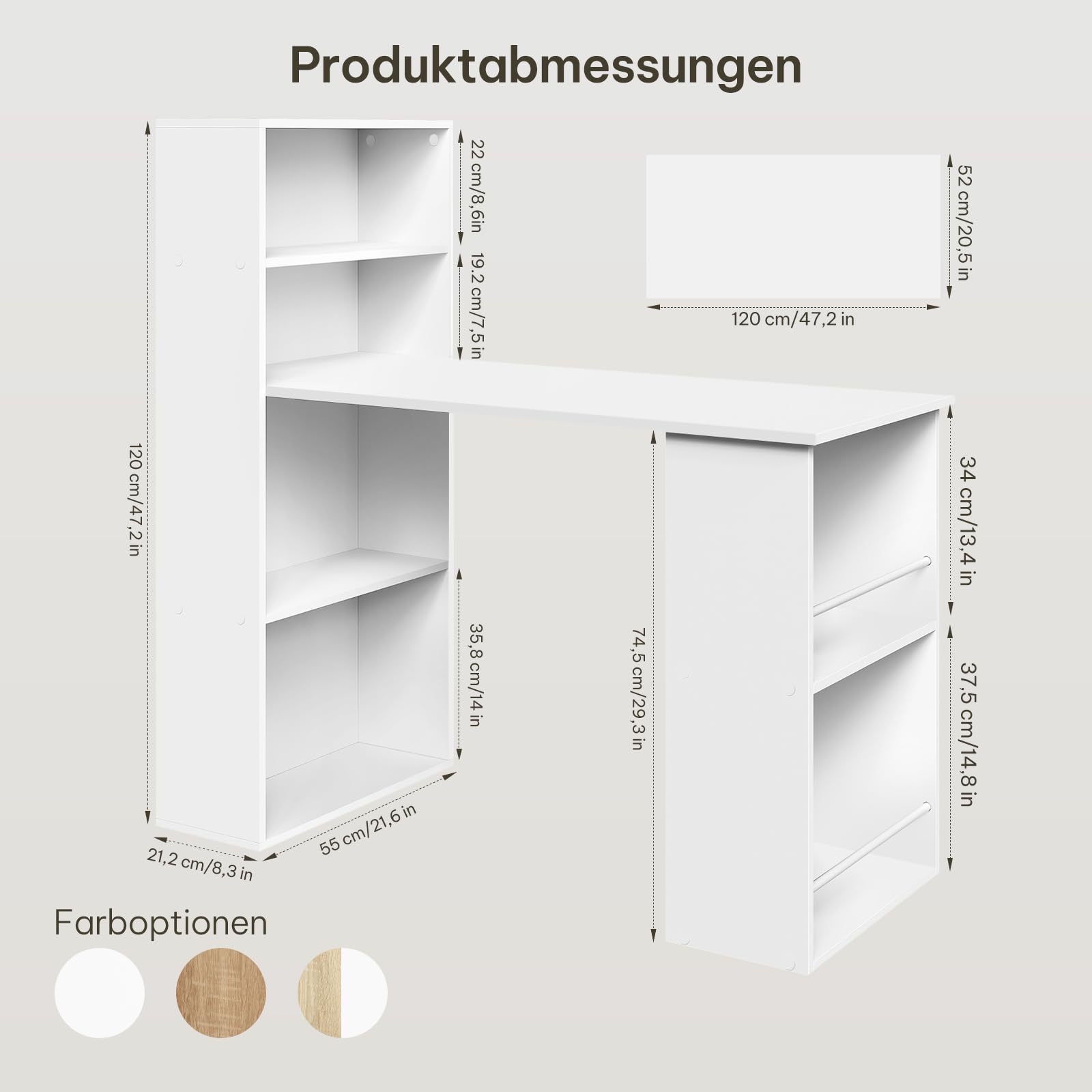 eSituro Schreibtisch mit Stauraum & Bücherregal, Computertisch Homeoffice, Weiß, 120x52x120 cm, Bürotisch fürs Arbeitszimmer Schlafzimmer | Offene Stauraum und Regale, Aktenordner-Halterung, für Homeoffice Schlafzimmer Wohnzimmer