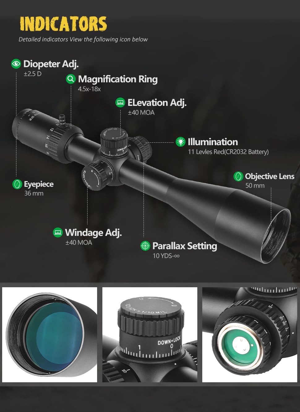 SPINA OPTICS Tactique Lunette de visée 4.5-18x50 sfir deuxième Objectif de Fusil à Plan Focal Tube de 30 mm avec Support annulaire de 20 mm