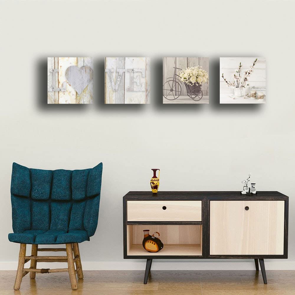 Quadretti da parete SHABBY CHIC camera letto vintage bicicletta fiori 4 pezzi XXL Stampa Tela quadro moderno arredamento Arredo Salotto Camera da letto Cucina Ufficio (4 pezzi 40x40 cm cad.)