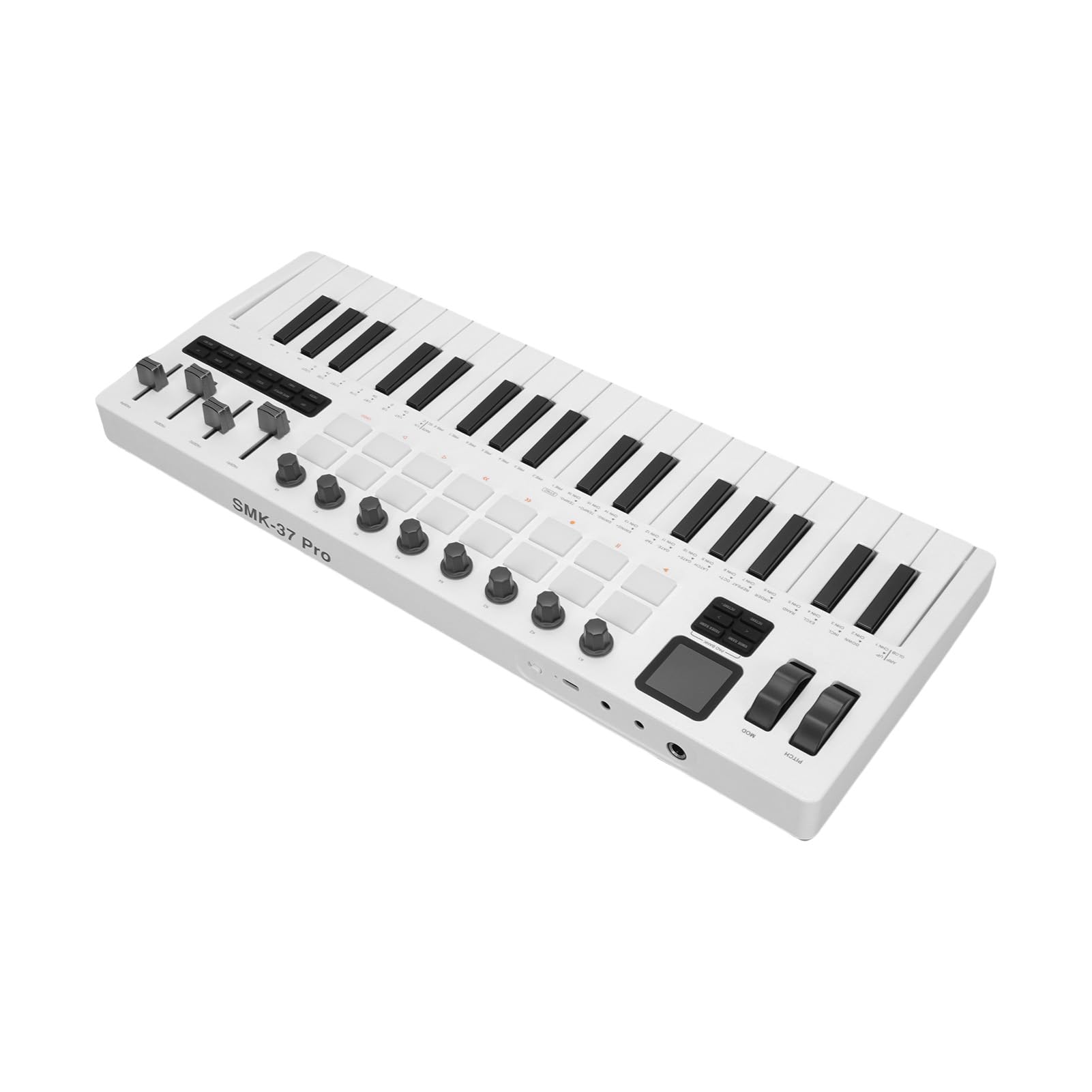 37 Controlador MIDI Clave con Sensibilidad de Velocidad, 16 Almohadillas de Batería RGB, 8 Perillas, 4 Faders, Motor de Sintetizador, Pantalla de 1.54 Pulgadas, Material ABS