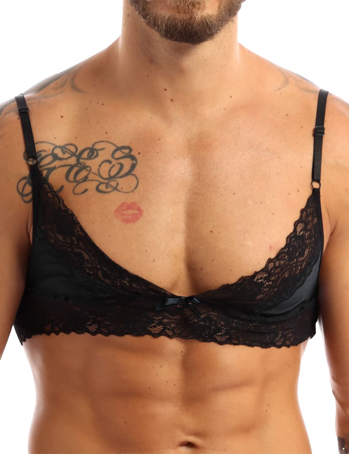 iiniim Sissy Lingeries Homme sous Vêtement Ensemble Dentelle Lingiere Transparent Bra Soutiens-Gorge avec String Travesti Nuisette M-4XL Noir J M