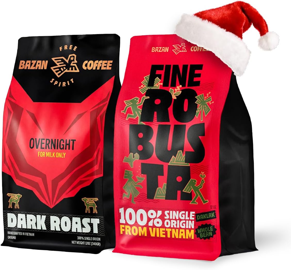 BAZAN COFFEE Vietnamese Coffee Gift Set – Fine Robusta Whole Bean & Overnight Ground Blend – Specialty Anaerobic Medium & Dark Roast, Holiday Gifts for Men & Coffeeholic, 2-Pack (12oz Each)