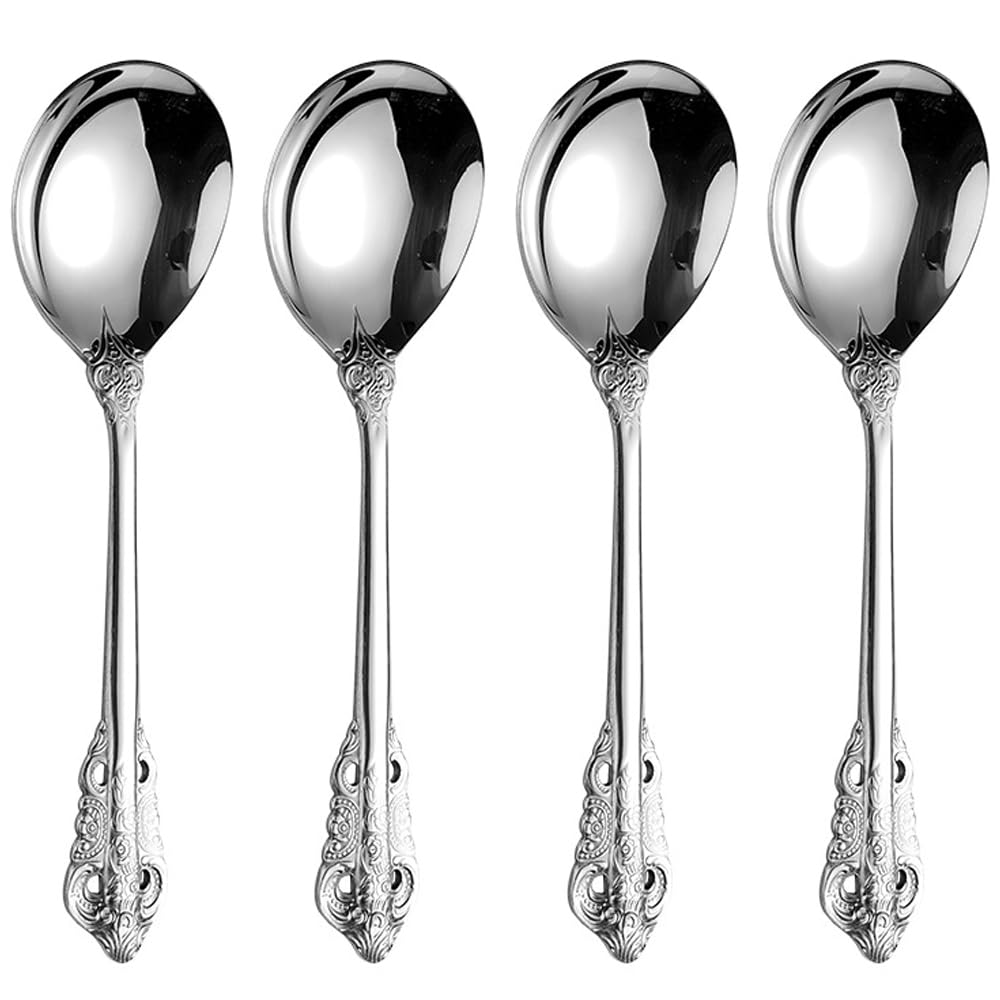 Siaiqiang Gorgeous Round Soup Spoons,18/10 Stainless Steel Fine Embossed Texture Soup Spoons Set,Table Spoon Silverware,Bouillon Spoons,Silver (4 pack)