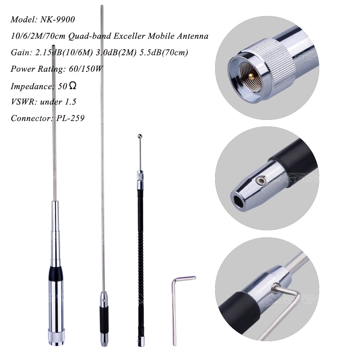 NK9900 Antenne à quatre bandes en acier inoxydable 10 m 6 m 2 m 70 cm 60150 W pour émetteurrécepteur mobile FT8900R TYT TH9800 WOUXUN KGUV950P KGUV920R QYT KT7900D KTUV980 PLUS 5144