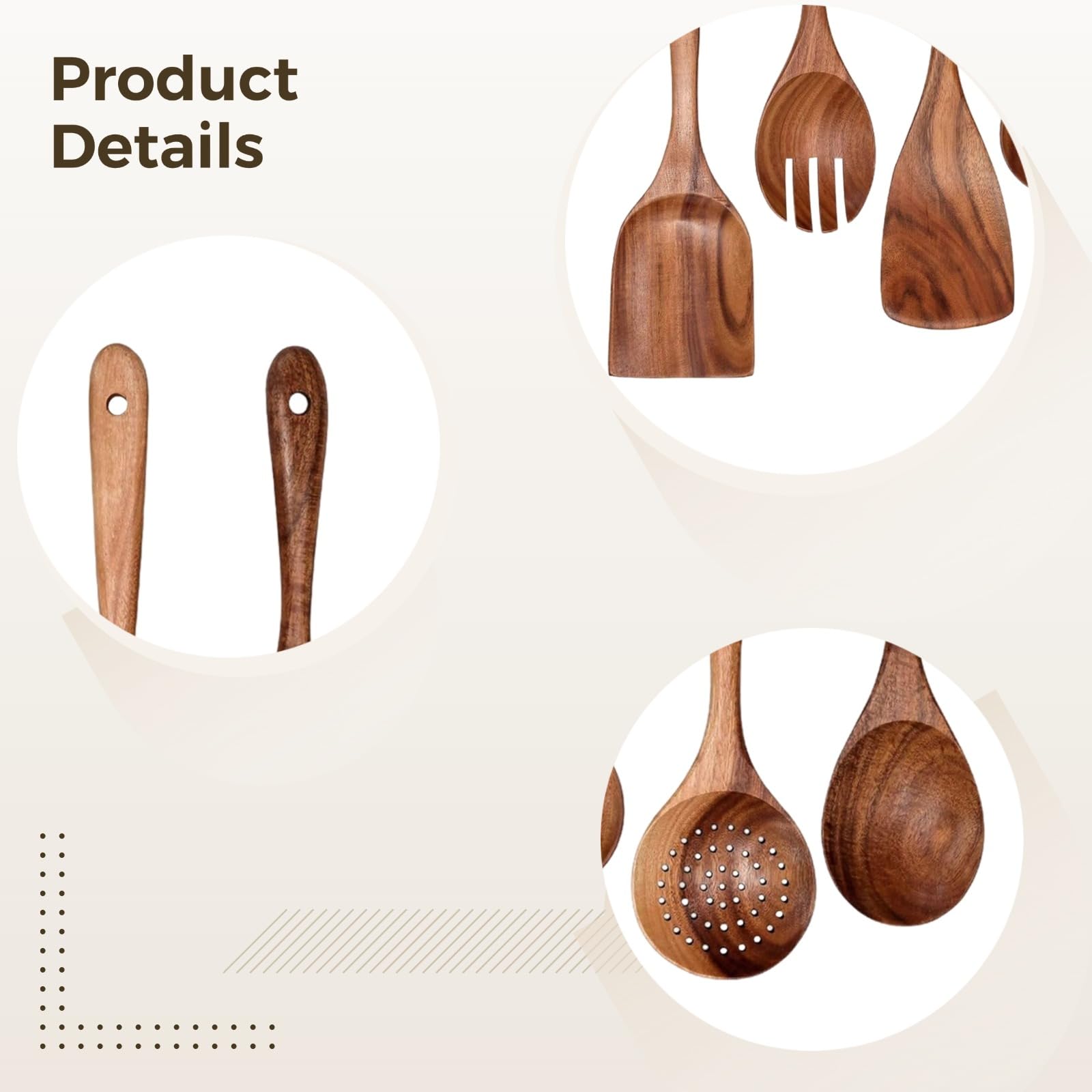 6-teiliges Teak Kochutensilien Set, Küchenutensilien aus Naturholz, Holzspatel, Lochlöffel und Schaumkelle mit langem Griff, schont Kochgeschirr, leicht zu reinigen und zu verstauen