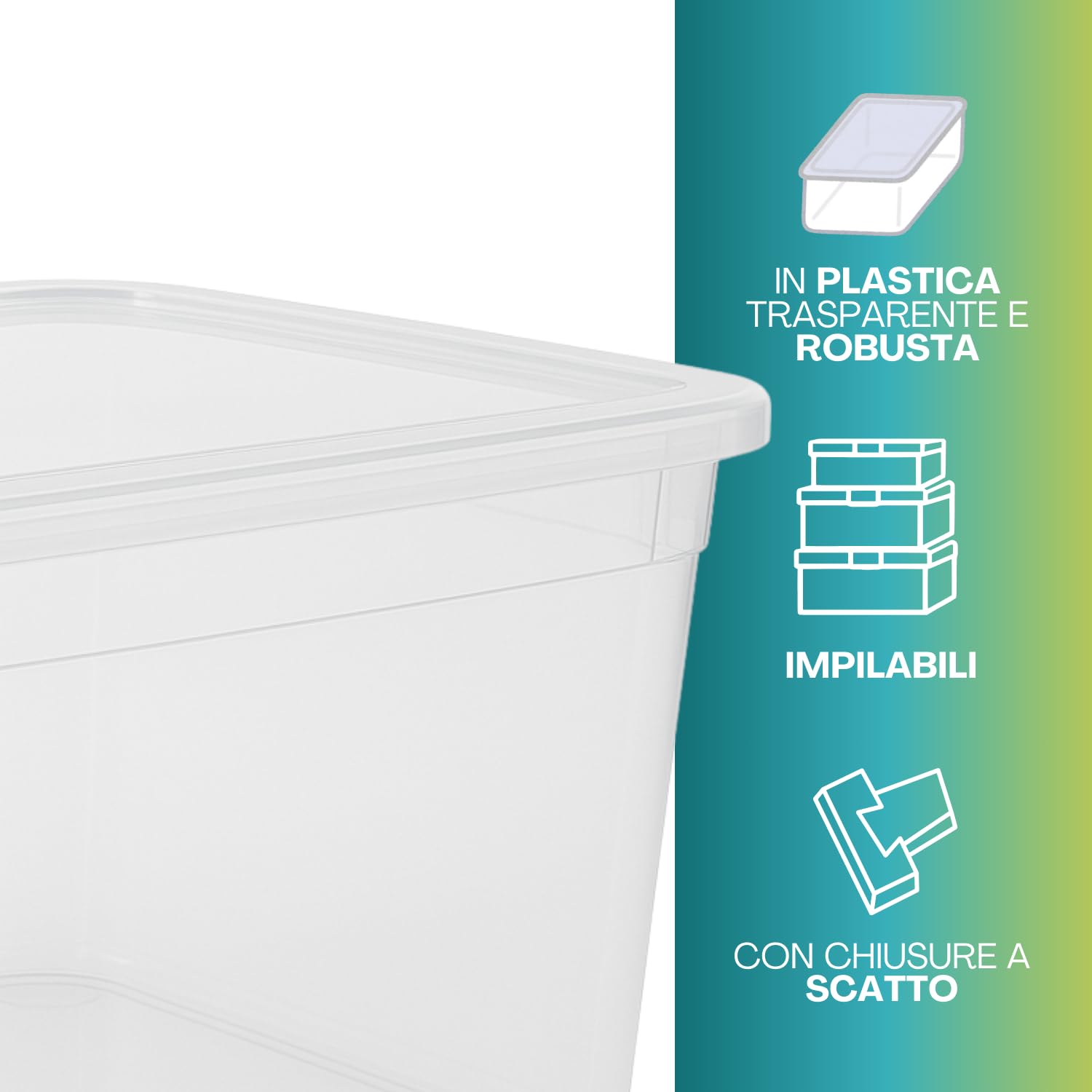 VIRSUS 8 Contenitori Multiuso Trasparente, misura 56x38,5x29 cm e capacità 43Lt, porta biancheria, coperchio chiusura a scatto, box salvaspazio impilabile armadio, accessori -672F