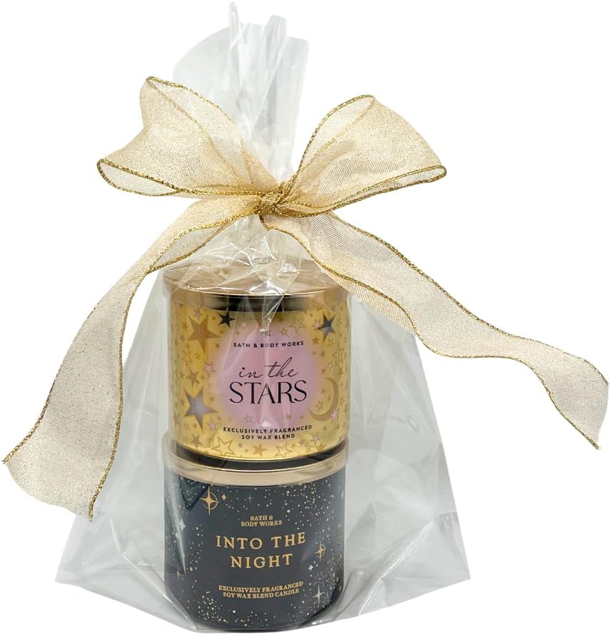 Bath & Body Works in THE Stars and INTO THE Night 3-Wick Scented Candle 2-piece Gift Set with a 40-inch Gold Metallic Ribbon Bow for Gifts & Holidays – 14.5 oz Each