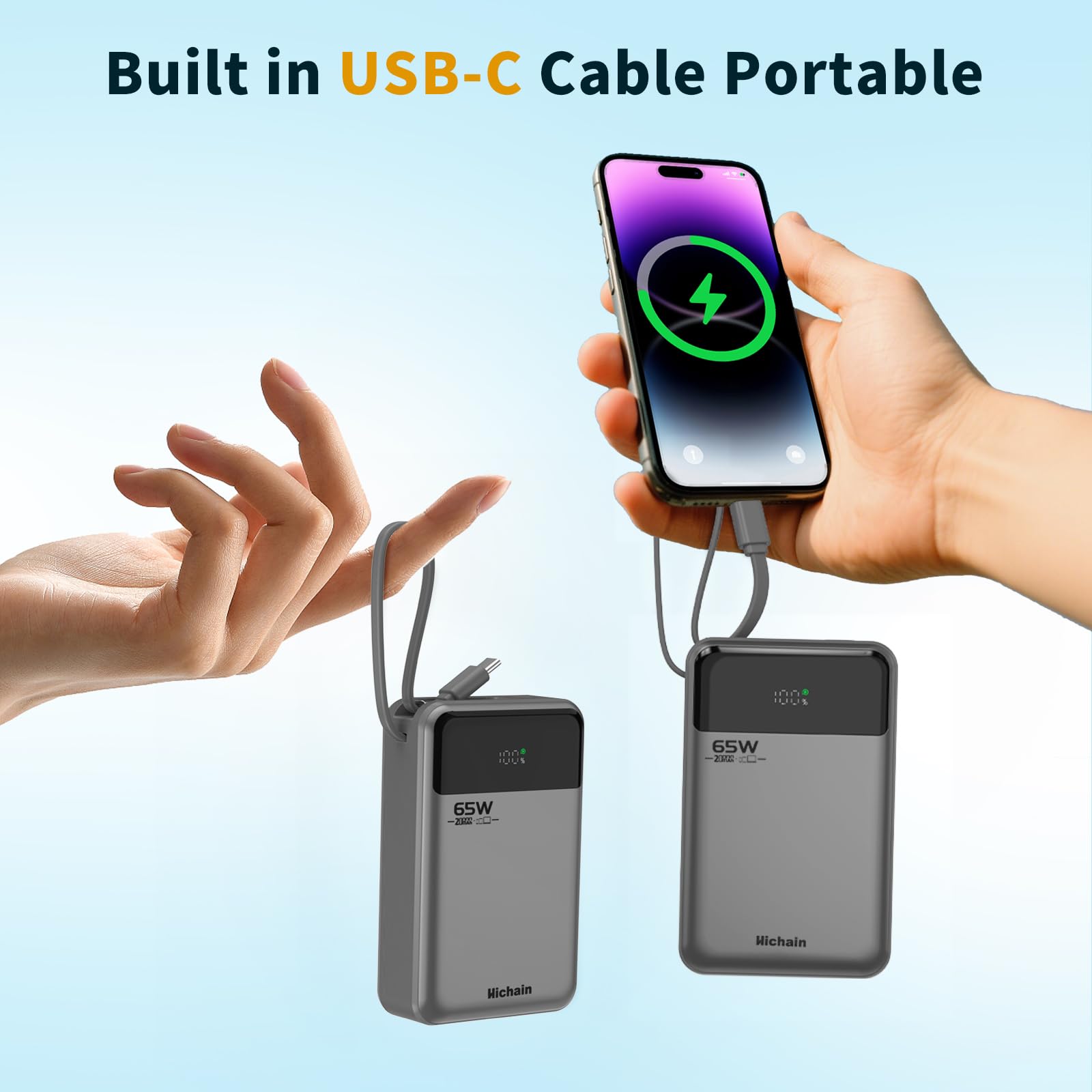 Hichain Power Bank 65W Ricarica Rapida 20000mAh Caricabatterie Portatile Display Digitale Cavi integrati USB C in&out Compatibile con iPhone serie17/16/15/14/13, Vision Pro, Samsung, MacBook, ipad