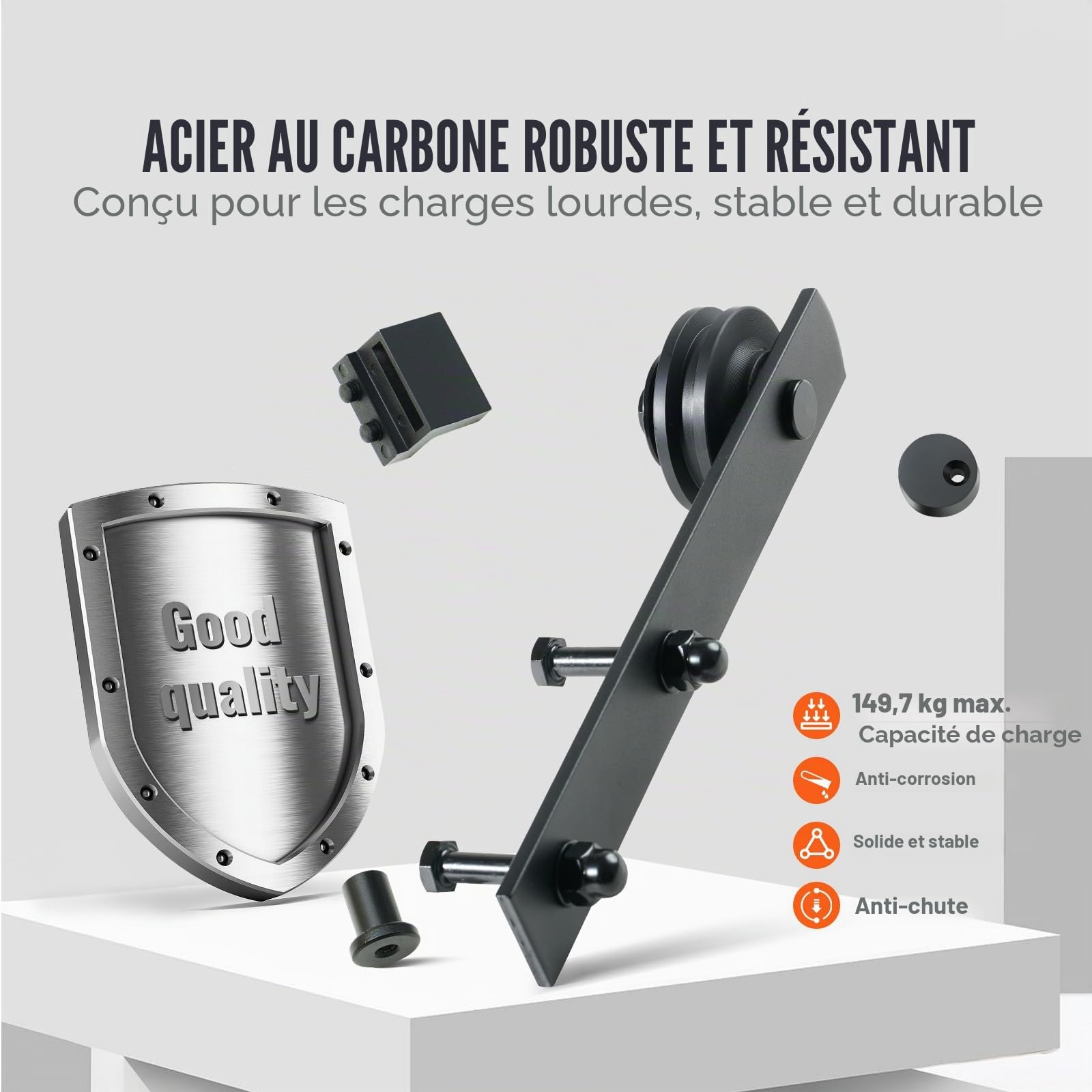 VEVOR Kit Quincaillerie de Porte Coulissante de Grange 244 cm Rail Porte Coulissante Convient Porte Simple Largeur 1,12-1,32 m Épaisseur 32-45 mm Charge 150 kg Poulie Silencieuse Forme I pour Maison