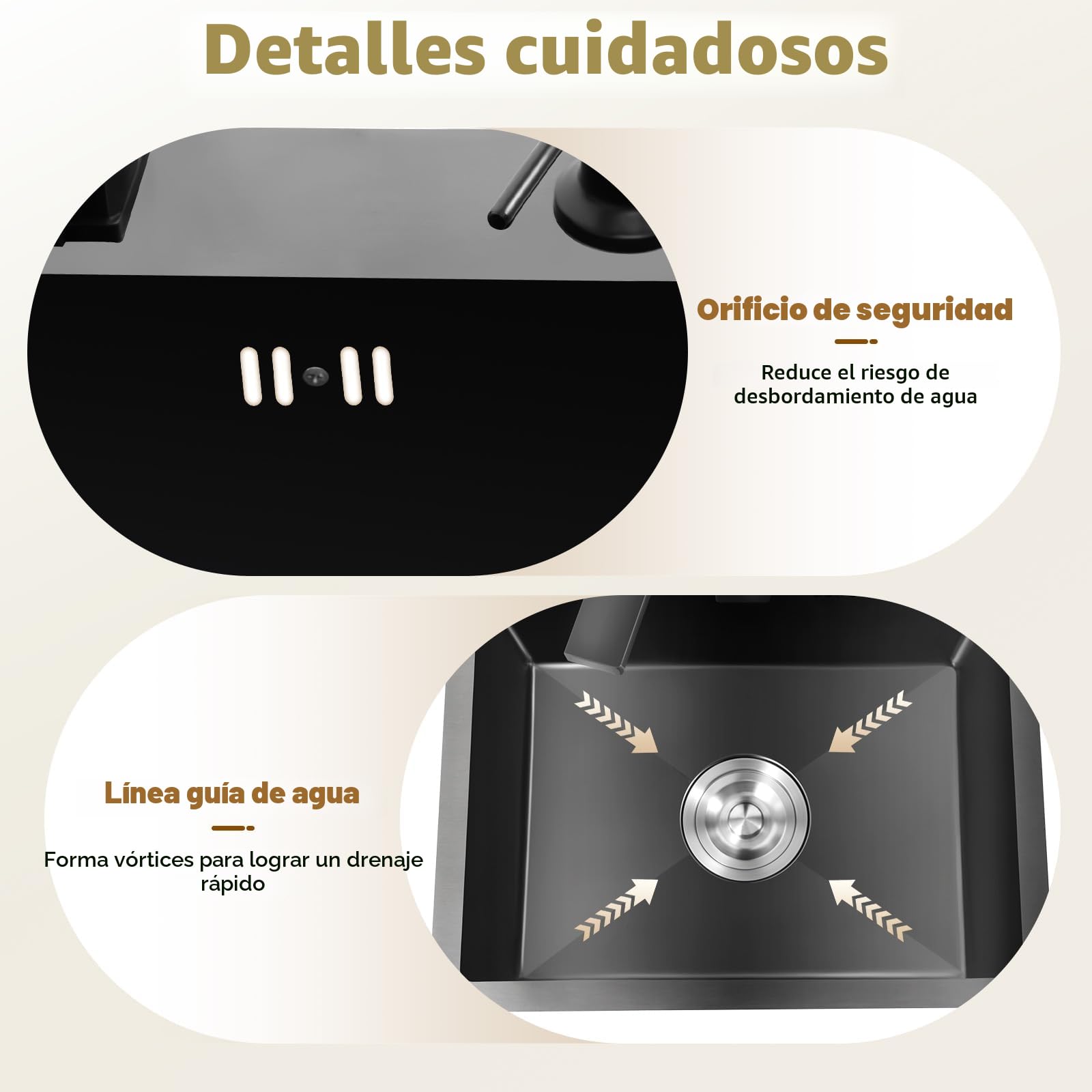 Fregadero de cocina negro, 45 x 40 cm, 1 cuenco, acero inoxidable, rectangular, moderno, empotrable, con escurridor, grifo, dispensador de jabón