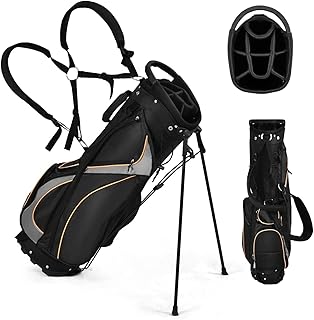 GYMAX Golf Stand Bag, Professional Golf Club Bag with 8 Way Divider, 7 Storage Pockets, Cooler Bag, Dual Strap & Rain Hood, Lightweight Golf Carry Bag for Men & Women