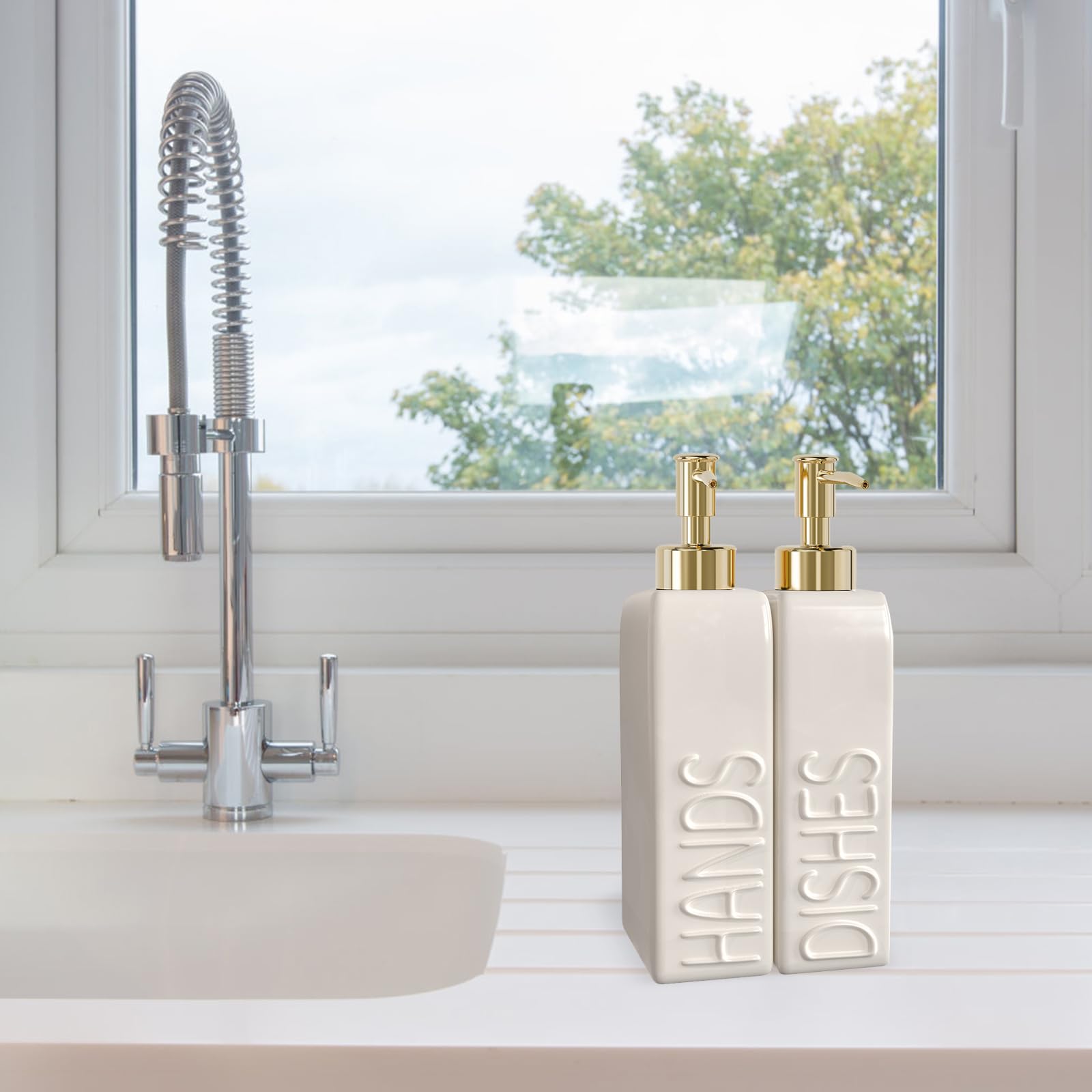 Soap Dispenser Set with Gold Rustproof Stainless Steel Pump, 2 Pack Ceramic Refillable Dish Soap and Hand Soap Dispenser for Kitchen, Bathroom, Matte White