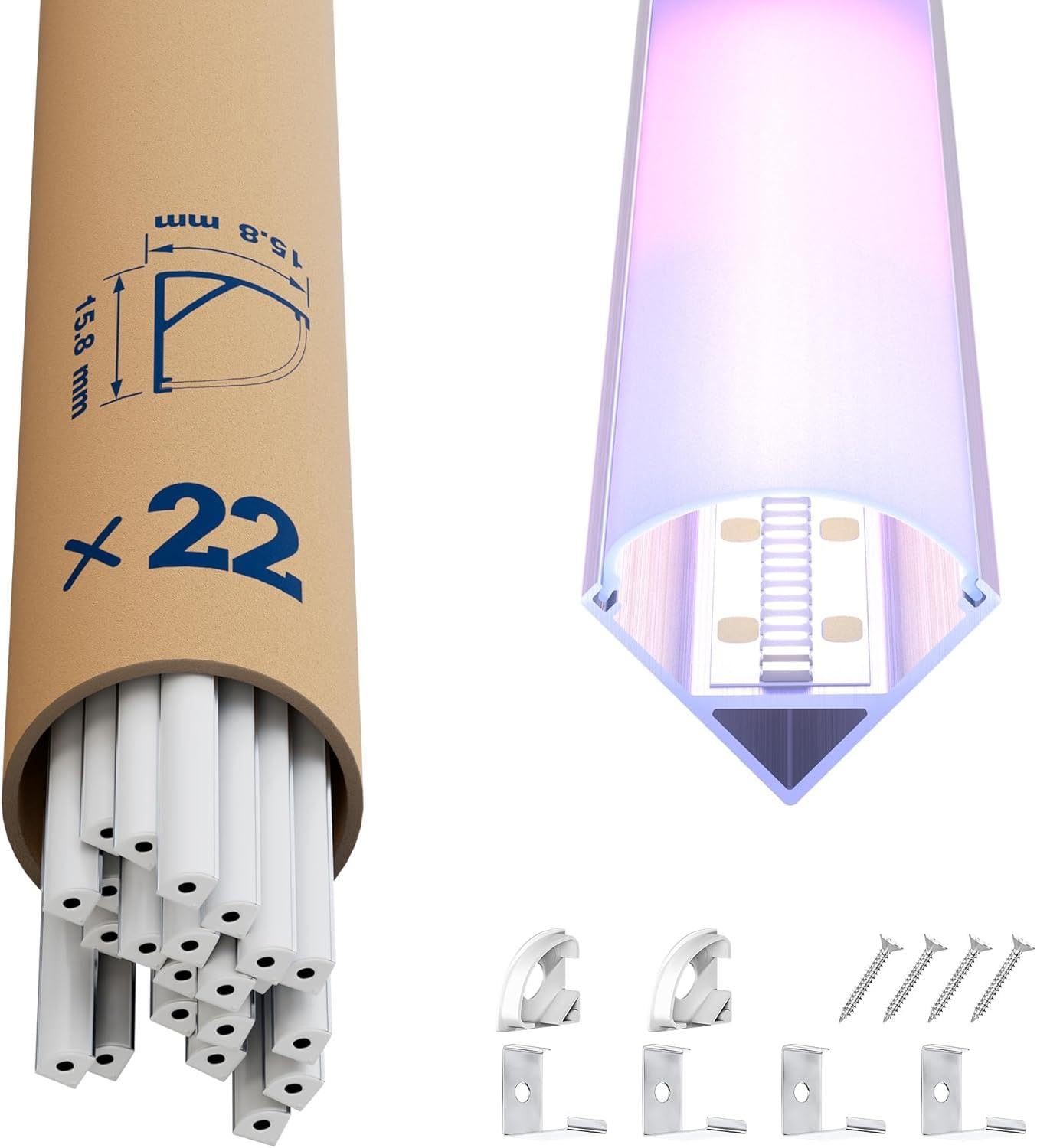 Perfiles LED de aluminio de ángulo empotrables 2M (32 m) - 15,8 x 15,8 mm - Perfil LED ángulo en V 45 ° con difusor ópalo - para cintas de hasta 10,5 mm