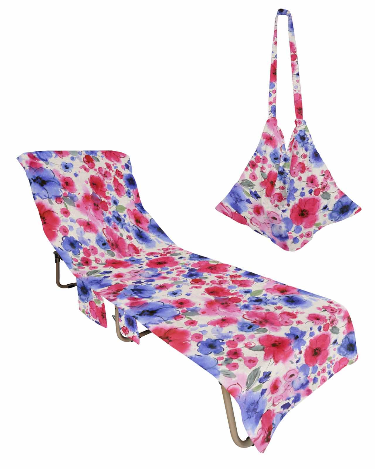 Red Blue Floral Beach Chair Towel Covers for Chaise Lounge with Side Pocket, Soft Plush Pool Towels Cover for Patio Sunbathing Outdoor 29''x85'' Independence Day Farmhouse Botanical