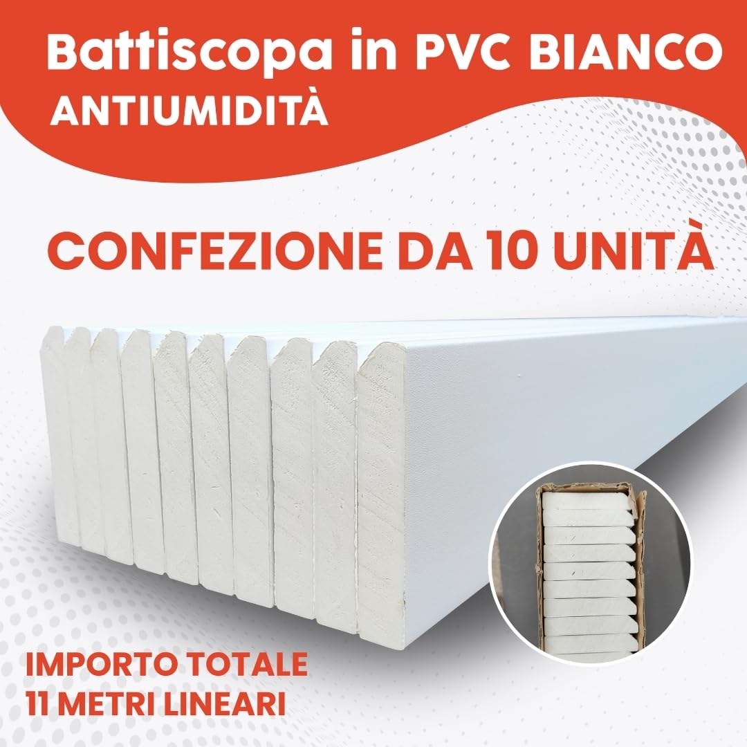 Pack 10 Battiscopa in PVC 110cm | Zoccoletto Battiscopa Bianco Antiumidità | Battiscopa PVC Resistente & Facile da Installare (Bianco - Pack 10)