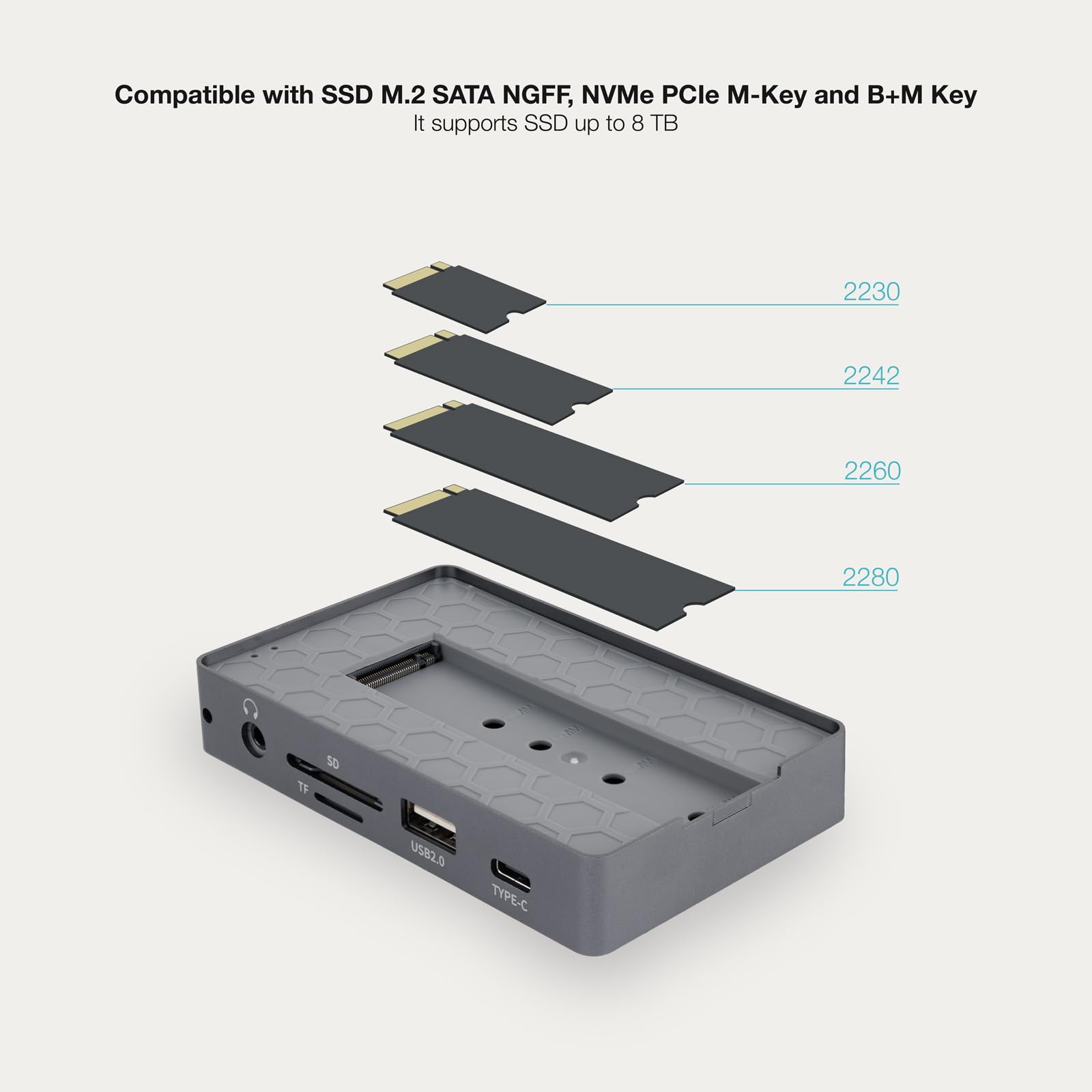 TOOQ TQE-2242G obudowa zewnętrzna do dysków SSD M.2 NVMe/SATA z koncentratorem 10 w 1, USB-C 3.2 Gen2, 2× USB-A 3.1 Gen2, USB-A 2.0, HDMI 2.0, RJ45 Gigabit, czytnikiem SD/TF, audio 3,5 mm i ładowaniem