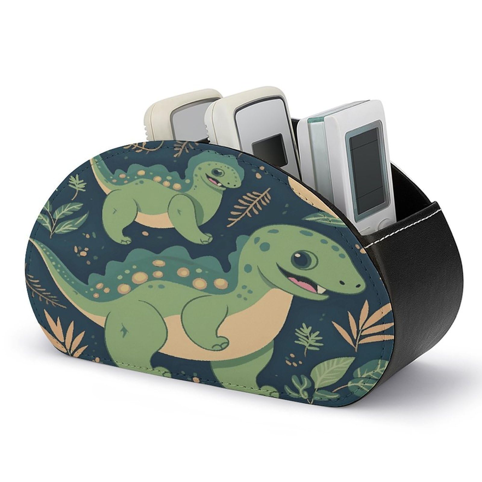 LZQPOEAS Cute Dinosaur Remote Control Holder with 5 Compartments PU Leather Remote Organizer Box Caddy for Table Nightstand Remote Caddy Desktop Organizer Fits Media Controllers
