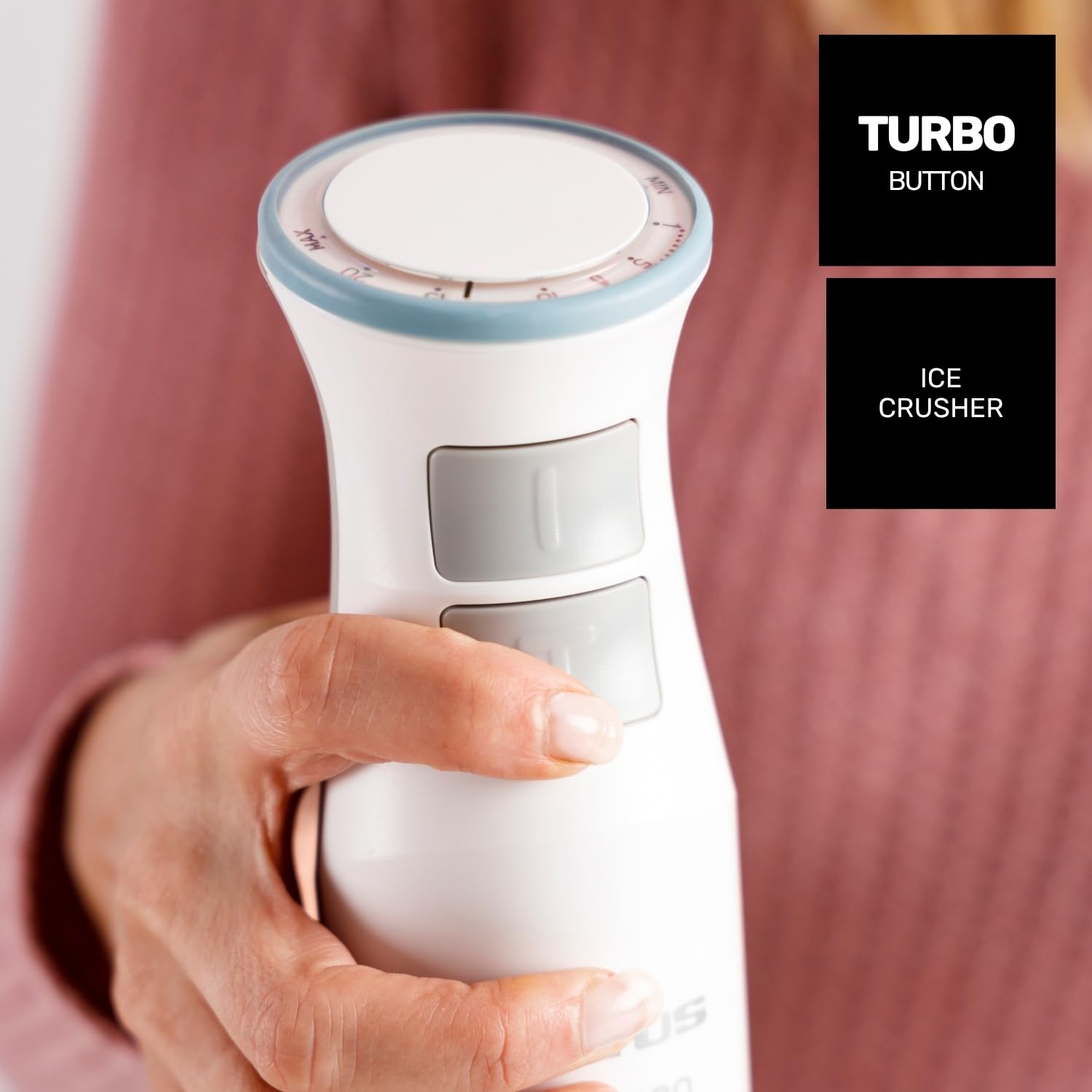 Taurus – Batidora de mano Bapi 1200 Pure Plus | 1200W | 20 velocidades + Turbo | Cuchillas y varilla inox | Turbo Rotation System | Campana antisalpicaduras | Set completo de accesorios