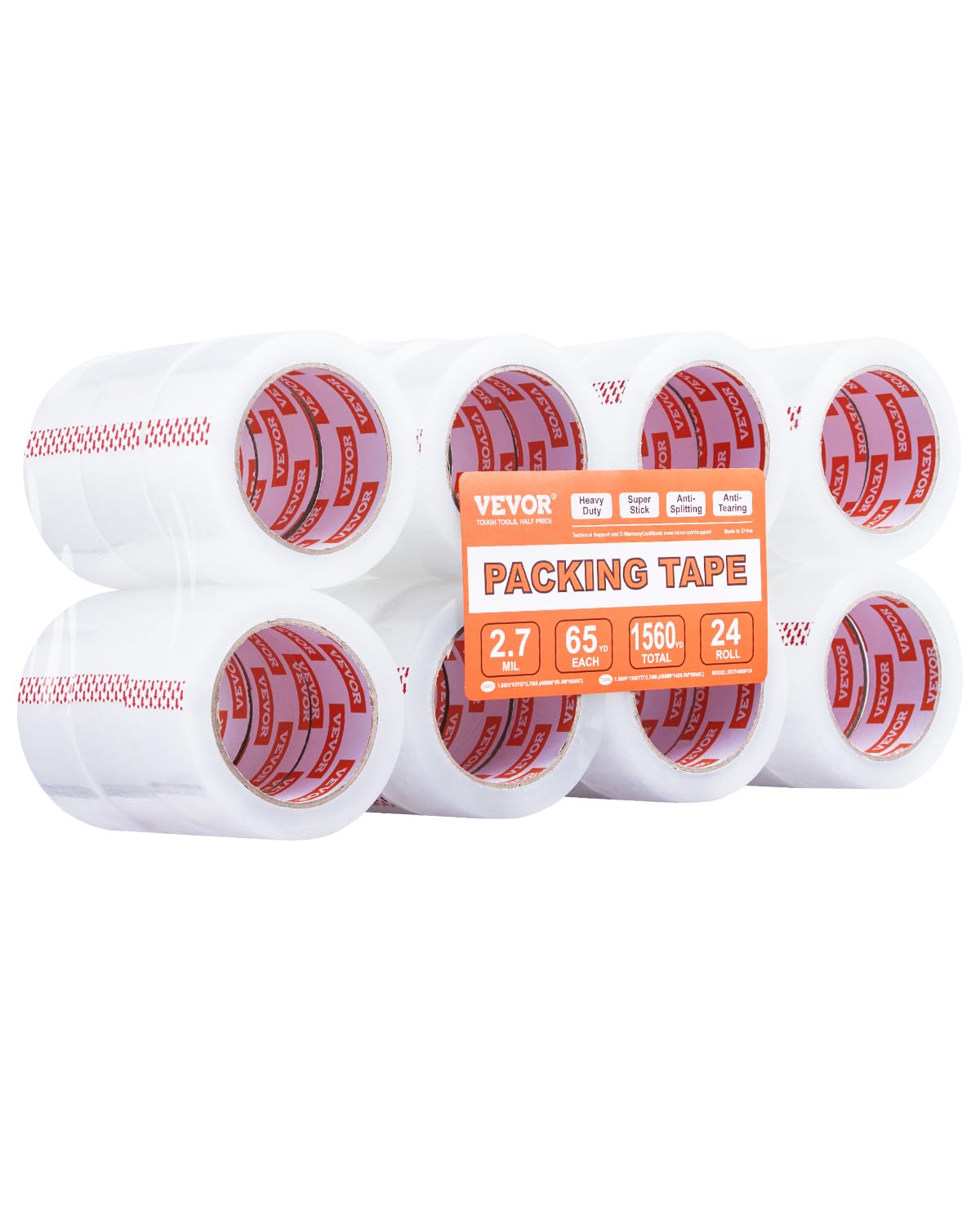 VEVOR Clear Packing Tape, 3 inches Core, 24 Rolls 1.88 Inches x 65 Yards Packing Tape, 2.7 Mil Thick, Heavy Duty Packaging Tape Designed for Moving, Storage and Packing, Shipping and Mailing, Office