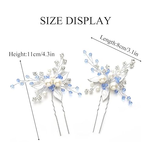 Miniatura 6 de Yikisdy Brides Blue - Horquillas para el pelo de boda con perlas, piezas de cabello de cristal plateado, clip para la cabeza de la hoja, accesorios