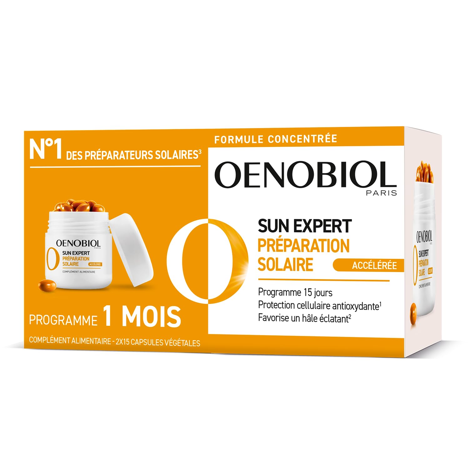 OENOBIOL SUN EXPERT Préparation Solaire Accélérée - Protection Cellulaire Anti-​Oxydante - Favorise Un Hâle Intense Et Éclatant - Complément Alimentaire 2X15 Capsules Végétales - Programme 1 Mois