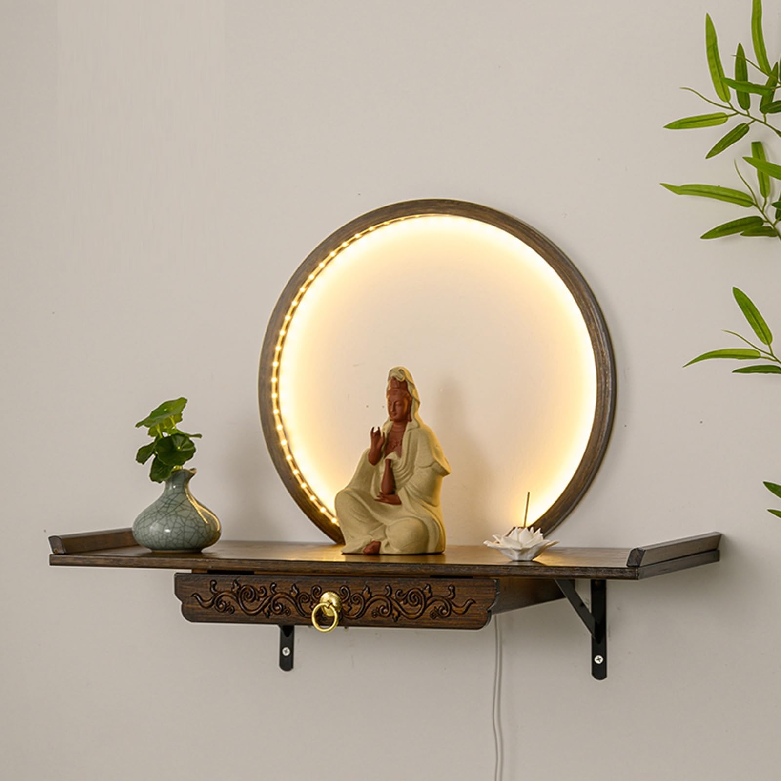 JNTFNE Bamboo Buddha Altar Shelf Stand With drawer, light altar shelf for wall Shrine Table, Buddhist Niche Incense Racks Tribute Tables(Black Walnut,40CM/15.7IN)