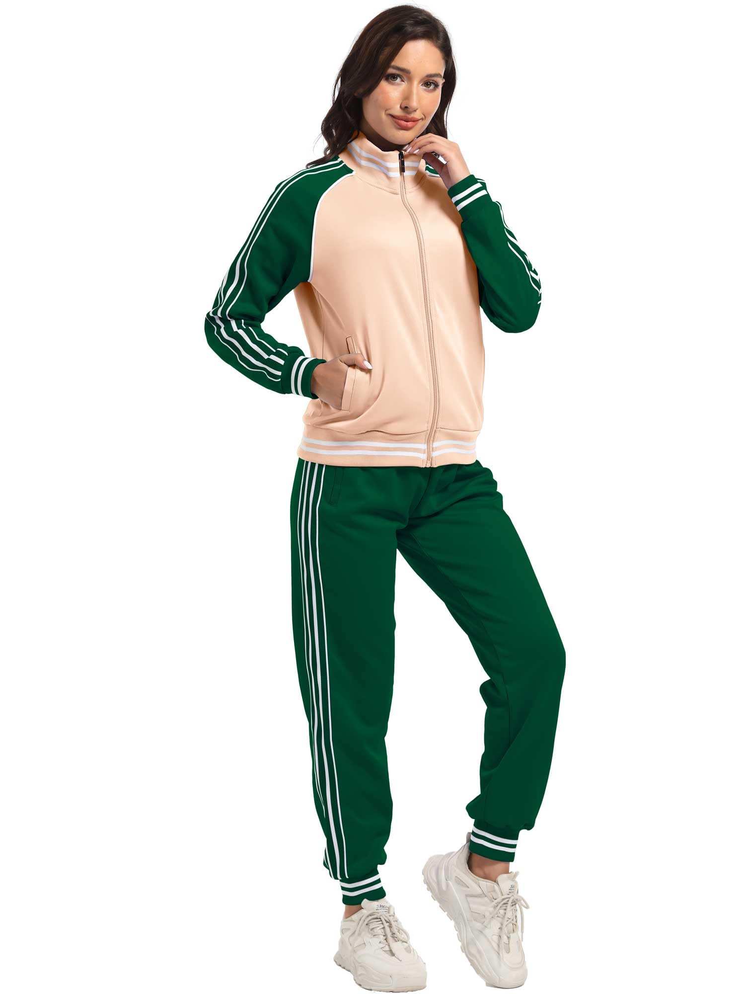 ANOTWENER Damen Trainingsanzug Set Gestreiftem Jogginganzug Sportanzug Zweiteiler Freizeitanzug mit Taschen S-XXL