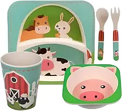 Kit Alimentação Infantil Fibra de Bambu Criança Bebê Prato Copo Talheres Bowl (Fazendinha)