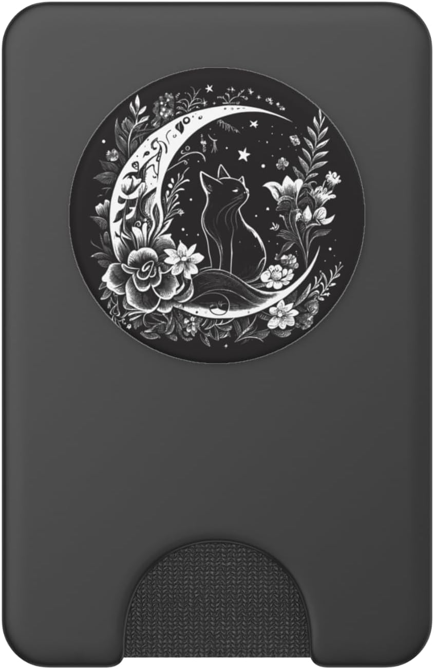 Cat Sitting On Crescent Moon Flowers Stars Drawing Women PopSockets PopWallet for MagSafe