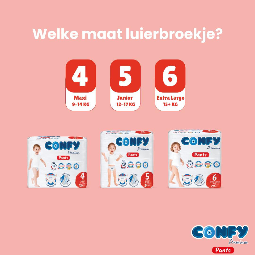 Confy Premium pieluchy rozmiar 5 (12 kg - 17 kg), pojemnik na miesiące, 120 sztuk, testowane dermatologicznie, elastyczne dopasowanie, wskaźnik oddawania moczu, CareShield