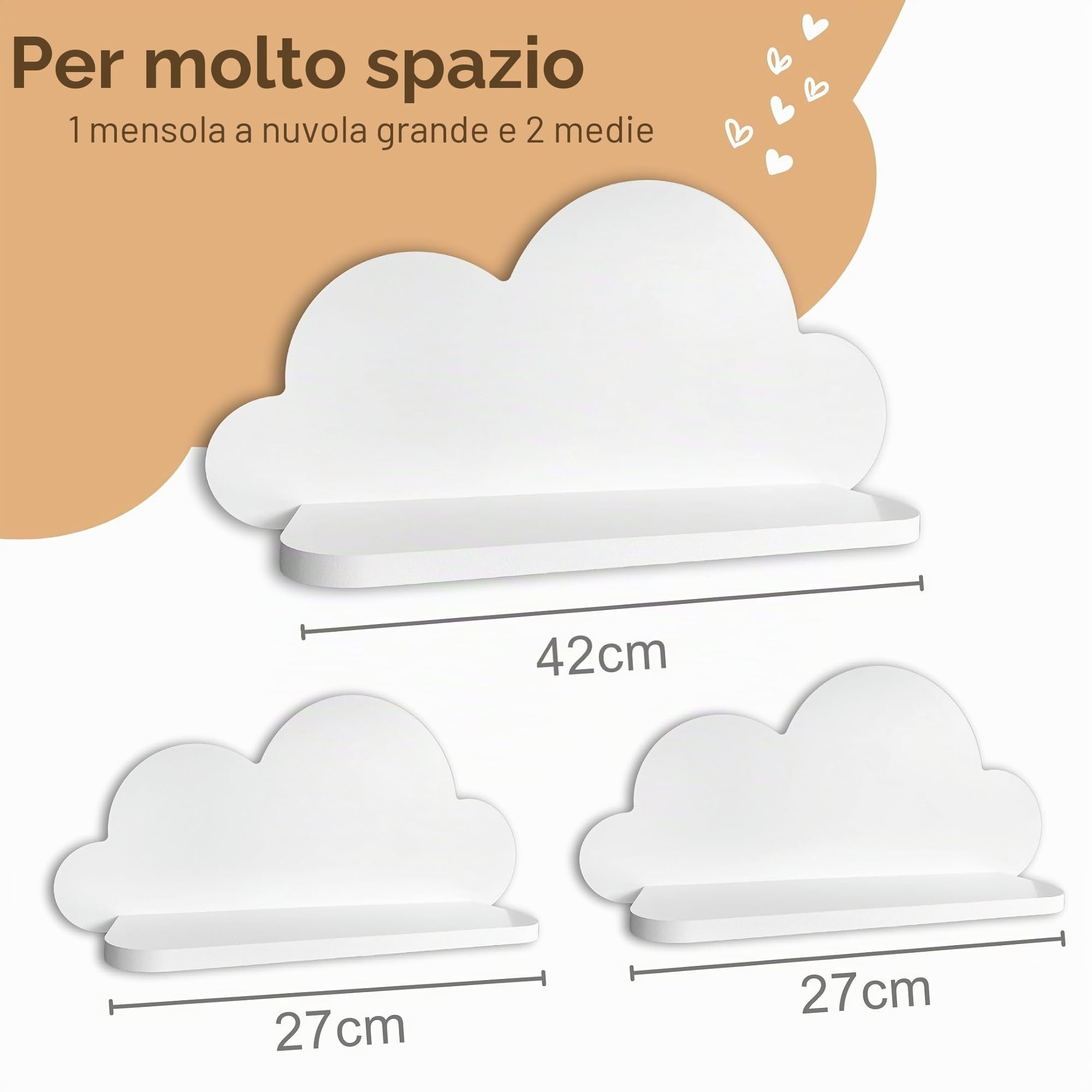 Set di 3 scaffali a nuvola, in legno bianco, facile da pulire e elegante, sostenibile e durevole, design senza tempo, progettato in Germania