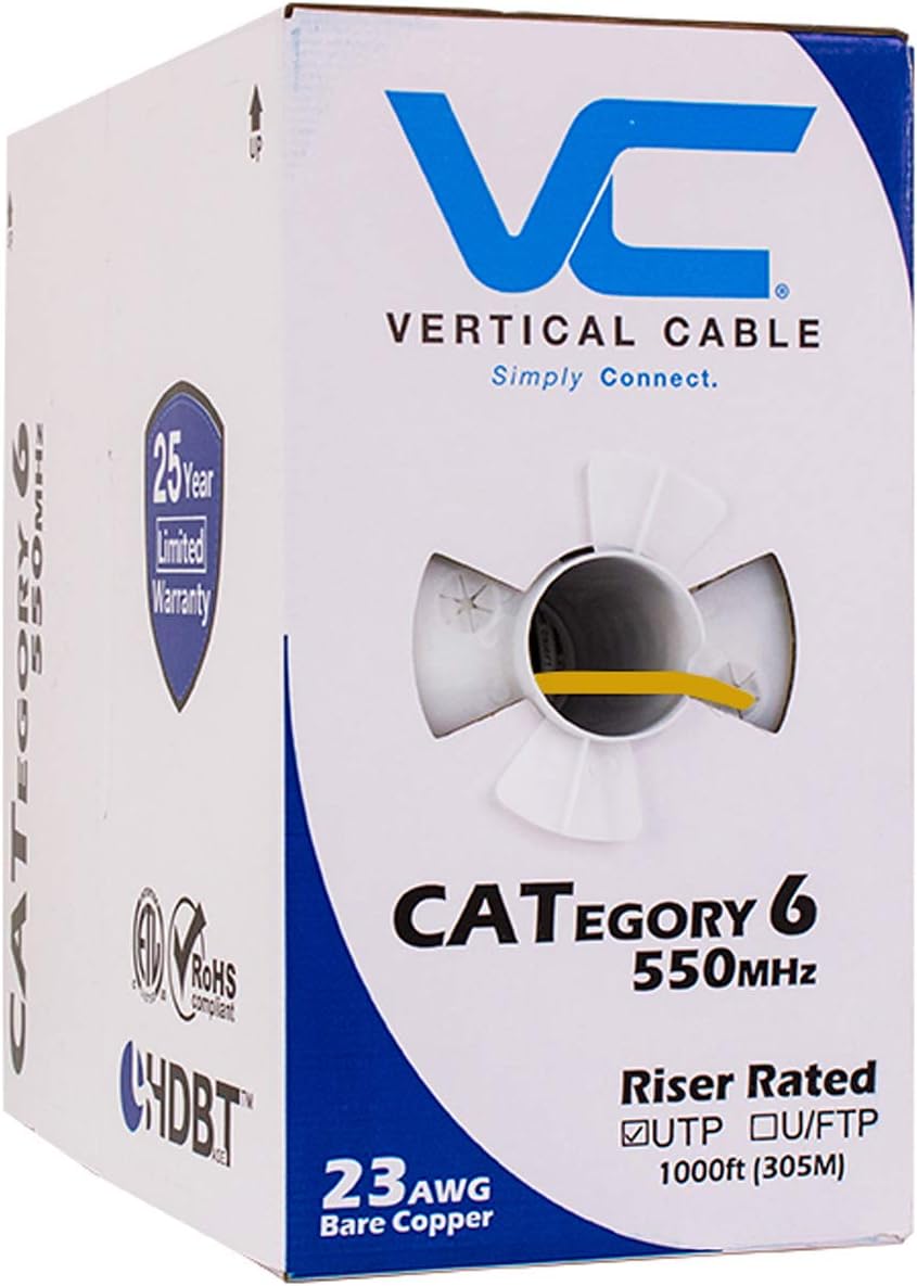 Vertical Cable Cat6, 550 MHz, UTP, 23AWG, Solid Bare Copper, 1000ft, Yellow, Bulk Ethernet Cable - 161 Series
