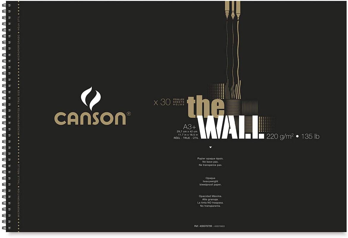 CANSON The Wall Marker 200gsm A3 Paper, Extra Smooth, Spiral Pad Short Side, 30 White Sheets, Ideal for Professional Artists & Illustrators