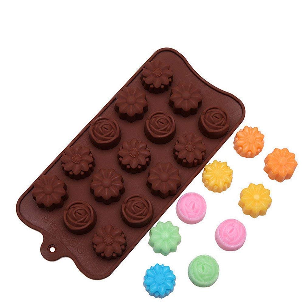 Snowpearl Silicone Reusable Flower Shape Chocolate Mould, 15 Cavity and Silicone Brush-Spatula Set, Kitchen Baking Tools Accessories Combo Set 4